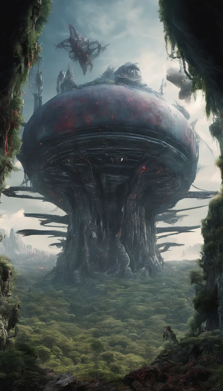 World of Death、Hell、crystal clear skies、There are a lot of insects in the sky、Ground covered with vegetation, Land of the Dead, End of the world, It is reminiscent of death, Reminiscent of death, the chaos、red fluid, Giant float、World of Death、ighly detailed, finely detail, masterpiece, top-quality, ultra-detailliert、Underworld、overcome、Aftermath of the Apocalypse、Plants covering the ground、A world dominated by overgrown vegetation、Evolved giant insects、