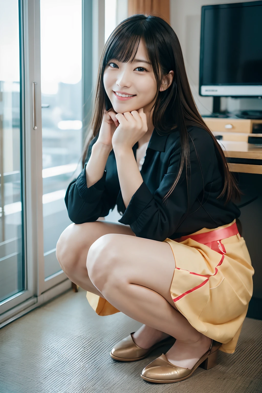 Japan woman kneeling on the floor in office, Real life women, (((Girl is squatting)))、 Wear a black uniform , long skirt、Photorealsitic, Casual pose, A charming、(realisitic、Photorealsitic:1.4)、(8K、Raw photography、top-quality、masterpiece:1.2)、cute little、ultra-detailliert、physically-based renderingt、超A high resolution、Kodak Vision Color、Shooting with an LT camera、bokeh dof、foco nítido、 looking at viewerer、Photorealsitic、realisitic、独奏、Photorealsitic、top-quality、extra detailed face、extremely detailed eye and face、beatiful detailed eyes、absurderes、incredibly absurdness、haunting smile、hair messy、Floating hair、a smile