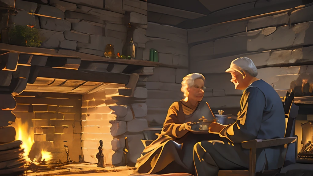 Inside the farmhouse, an elderly couple sits by a crackling fireplace, casting long shadows on the walls., Soft, flickering firelight casting warm, intimate glows on the elderly couple's faces., A close-up shot from a low angle, capturing the couple sitting by the fireplace, emphasizing their weathered hands and nostalgic expressions., ray tracing, sparkle, depth of field, bloom, reflection light, cinematic lighting