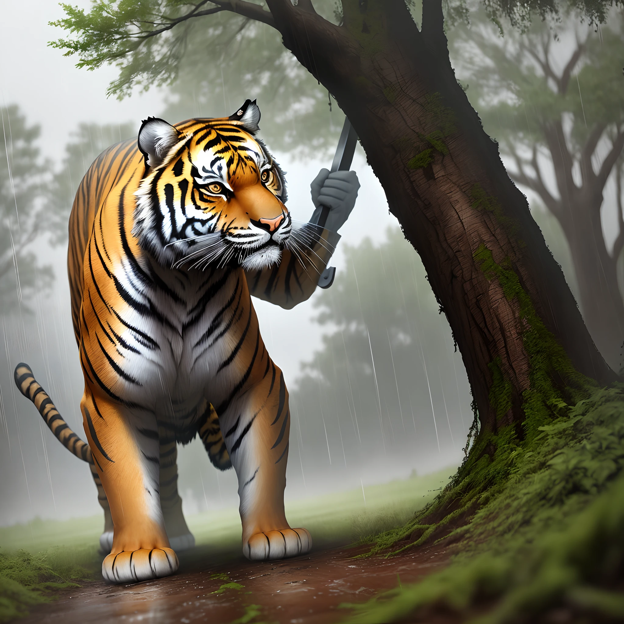 tiger furry chopping down a tree
In the rain