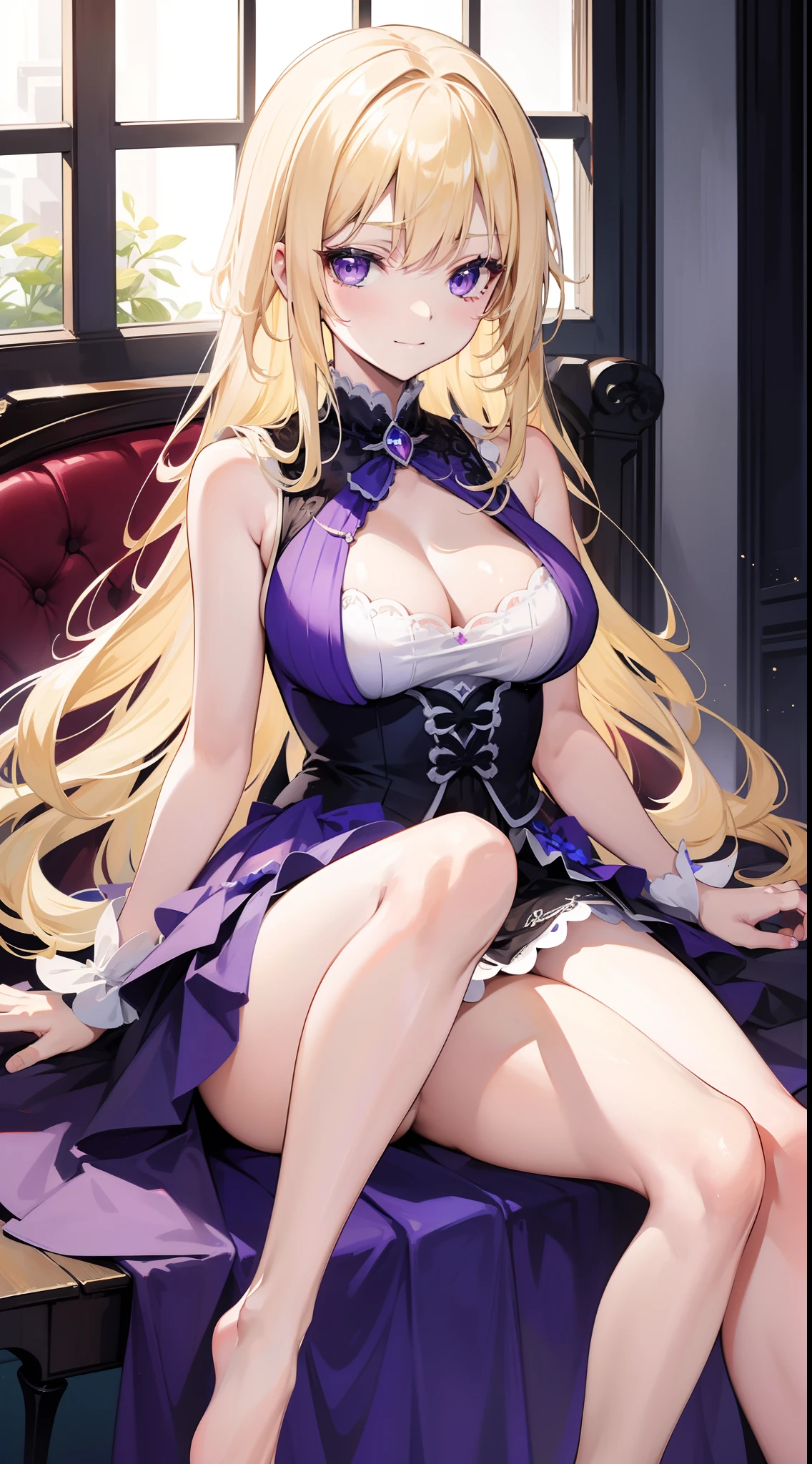 young girl, longue blonde hair, violet eyes, princess dress, Sleeveless, open breasts, smirk, exposed legs, Masterpiece, hiquality, 4k, HD, Good detail