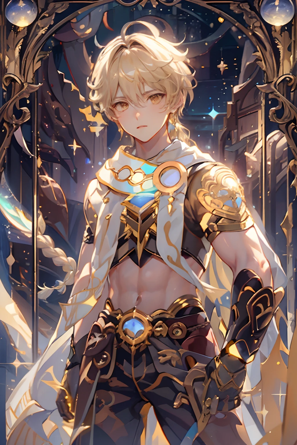 1 boy young man male solo, blond hair with braid, yellow eyes, white scarf with gold details, brown short top, bare belly, wide brown harem pants, high brown boots with golden details, brown gloves, iridescent light, glowing rainbow crystals, sparkles, stars, floating in space, dark background with stars and galaxies, fullbody