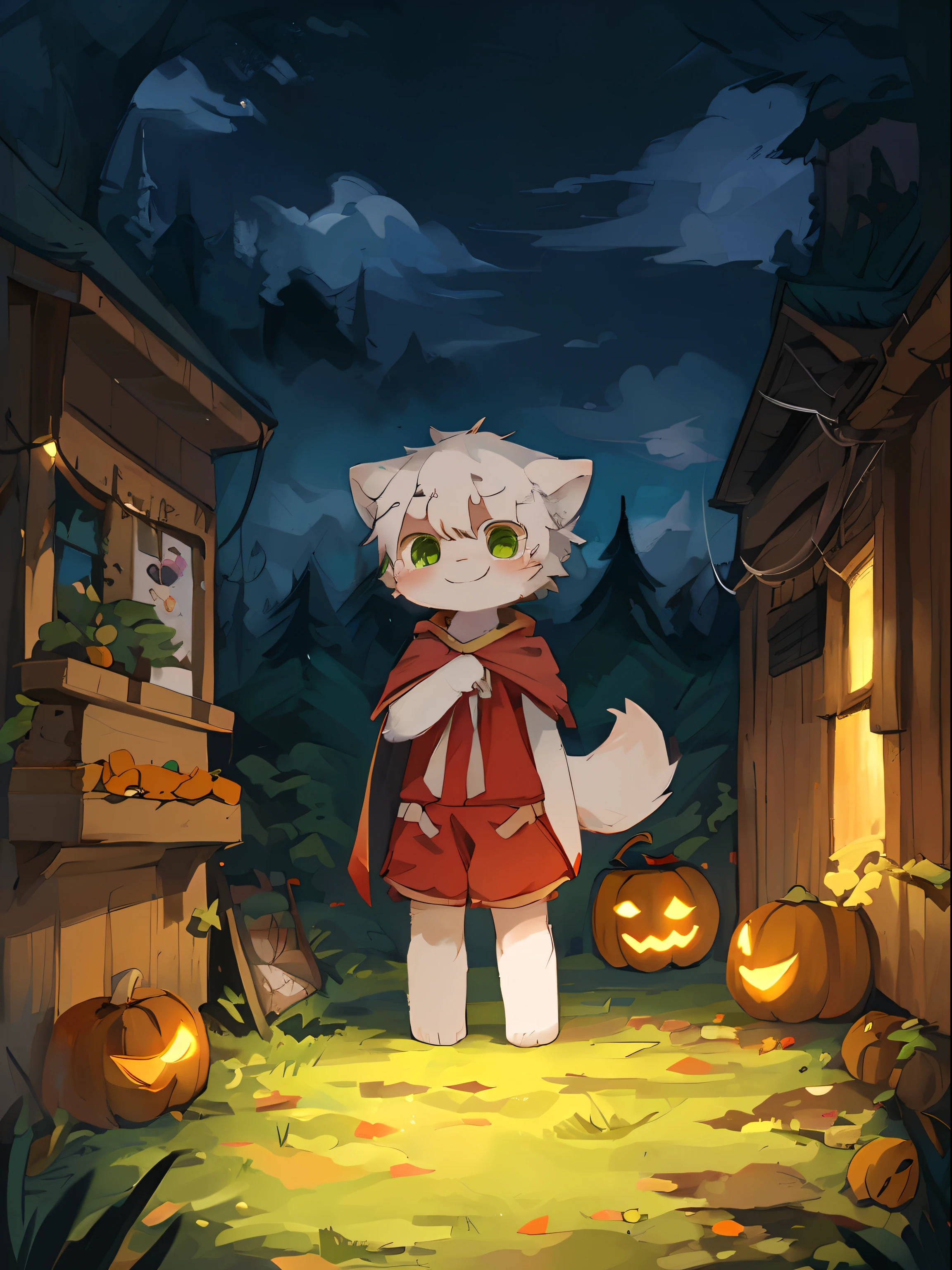 masutepiece, High quality, Absurd resolution, Digital Painting \ (The artwork \), By Dagasi, yupa, Kiyosan, (fluffy fur, White fur, Full body fur,), Male child,独奏, Green eyes, White hair,Halloween-style cloak,The lower part of the body is bare, Bare legged, Bright eyes, the panorama, Character Focus. Detailed background, cloud background, in the woods at night,Halloween Style,a smile