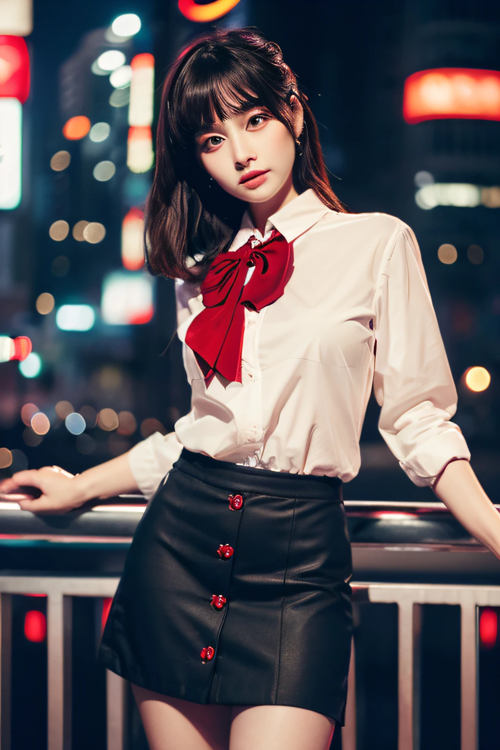 (Detailed face with fine beautiful red eyes、Masterpiece sidelights、​masterpiece、best qualtiy、detaileds、High resolution illustration)、(Urban High-tech Clothing、Cybernetic background、Night view of Hong Kong)、(1girl in、A half body、a beauty girl、shinny skin、looking-down、Look at viewers)、(A dark-haired、red eyes、a short skirt、bow ribbon、Button shirt)