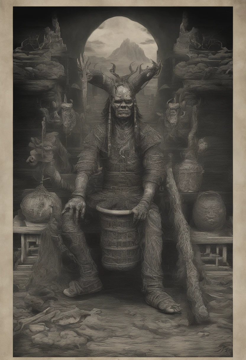 China-style,shaman,red tint,A man's face mask,In his left hand, he holds a donkey's skin drum,Beat the drum whip with the right hand,Broken clothes,kneels on the ground,The background is Chinese style,Gossip diagram,photorealestic,Real Human