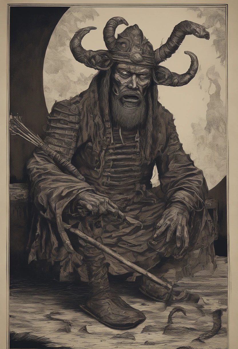 China-style，shaman，red tint，A man's face mask，In his left hand, he holds a donkey's skin drum，Beat the drum whip with the right hand，Broken clothes，kneels on the ground，The background is Chinese style，Gossip diagram，photorealestic，Real Human