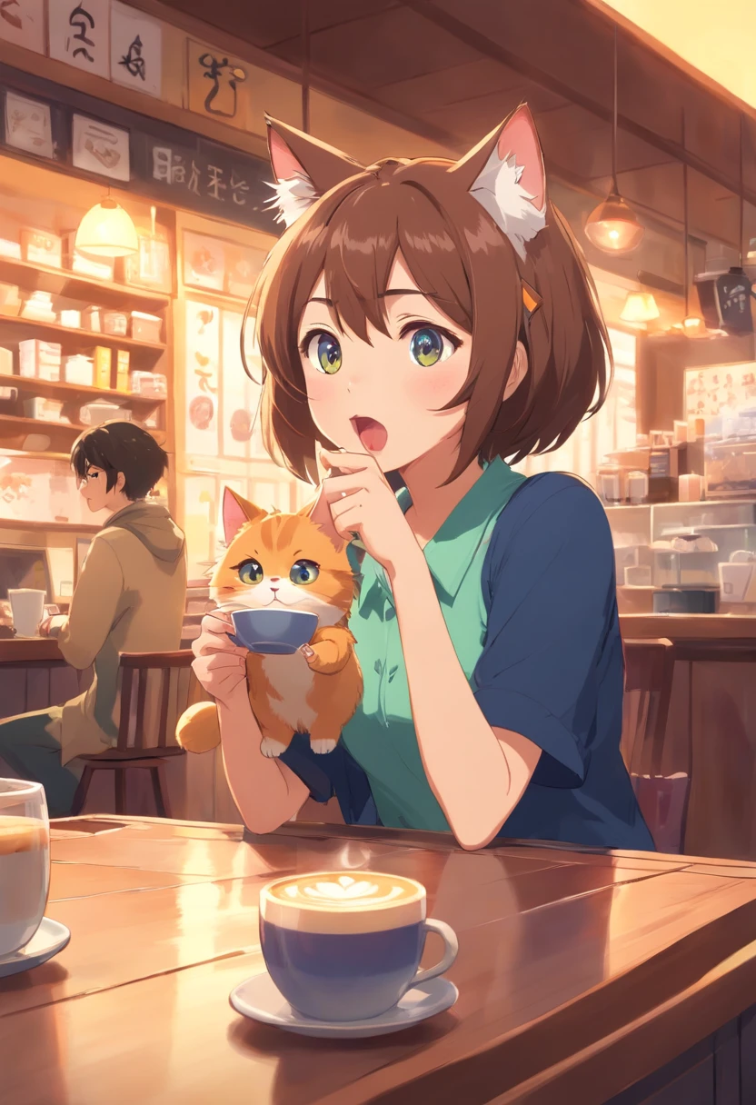1 fluffy cat,Surprised expression,Drinking coffee at a cat café,（（Not human））