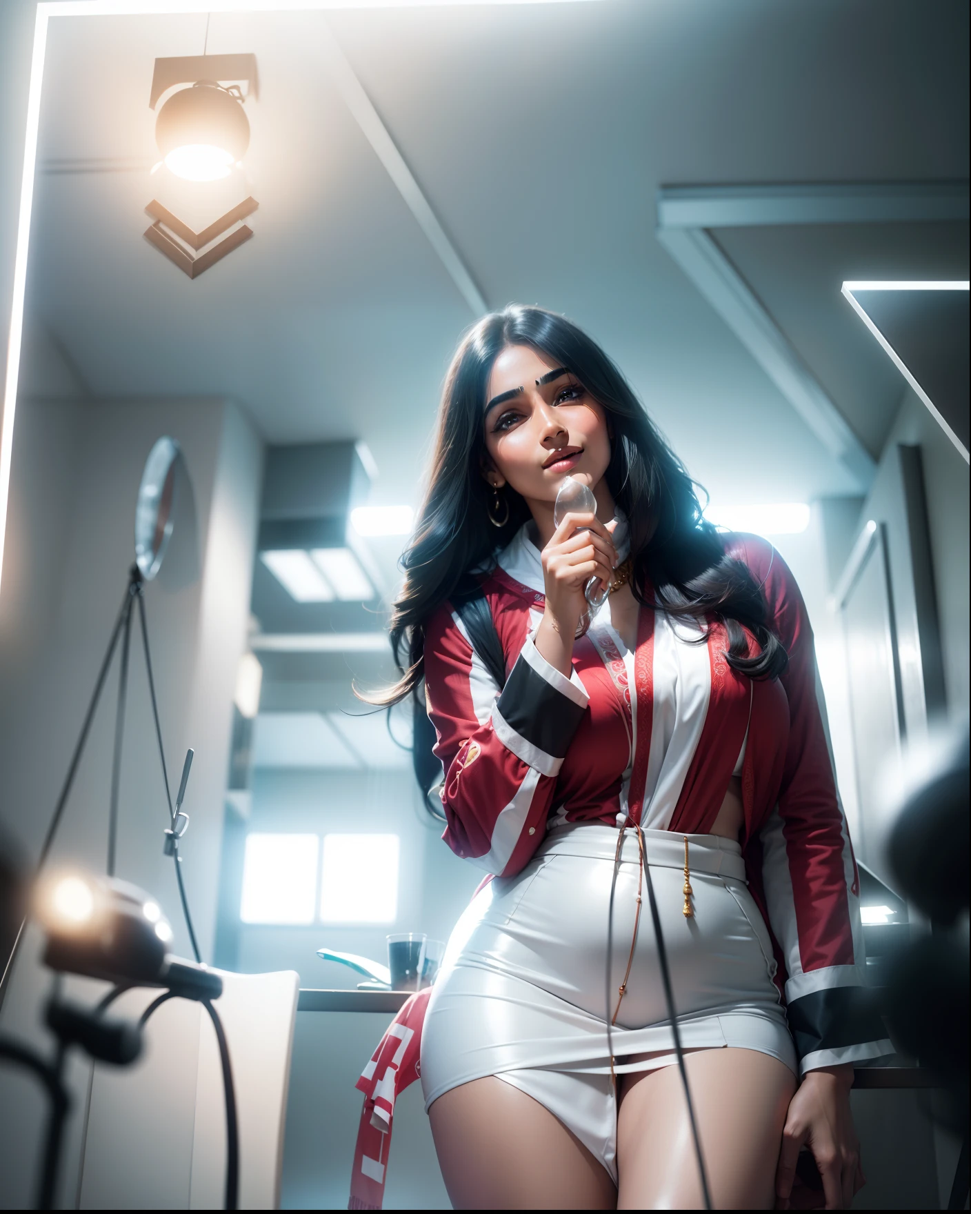 Cute indian mature girl, sitting in a restaurant table, sweet and beautiful with sexy body, sexy body big huge boobs, shinny face glow realistic ultra clear, ultra realistic, 8k, high definition, best art station picture, romantic atmosphere, best lighting full contrast, higb contrast, color combination perfect, realism realistic, best quality smile