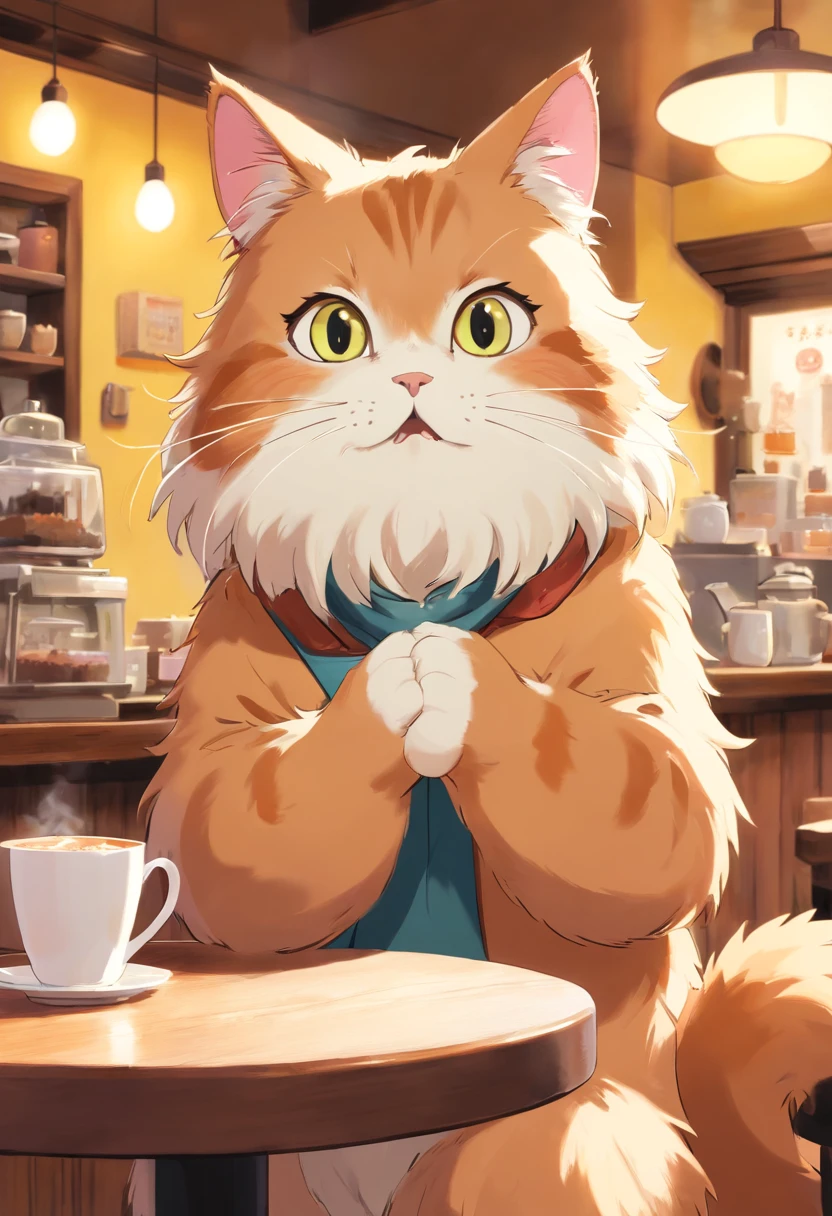 1 fluffy cat,Surprised expression,Drinking coffee at a cat café,（（Not human））