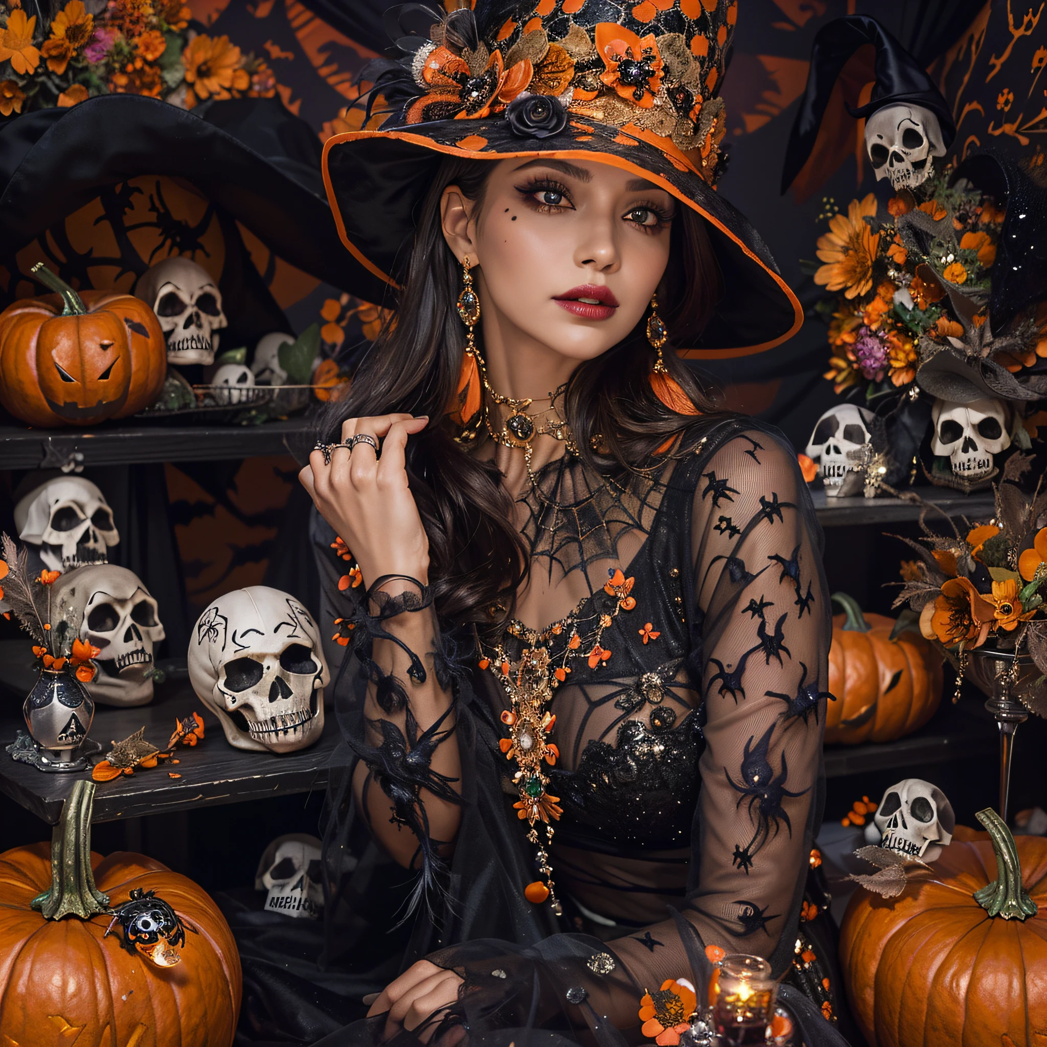 A Halloween-themed hat,Luxurious,sparkling gemstones,feather-adorned,Halloween colors,(On the model),Decorated with skulls and spiders,(luxury brand),vibrant hues,elegant,Eye-catching,Gold accents,Lace trim,(Velvet fabric),Sparkling sequins,(In the boutique),Dramatic,(pumpkins),Personalized pieces,magical,Enchanted,attention-grabbing,Artistic,Holiday touch,Strong presence.((Best quality,Masterpiece:1.2,photo-realistic:1.37,Halloween:1.2))