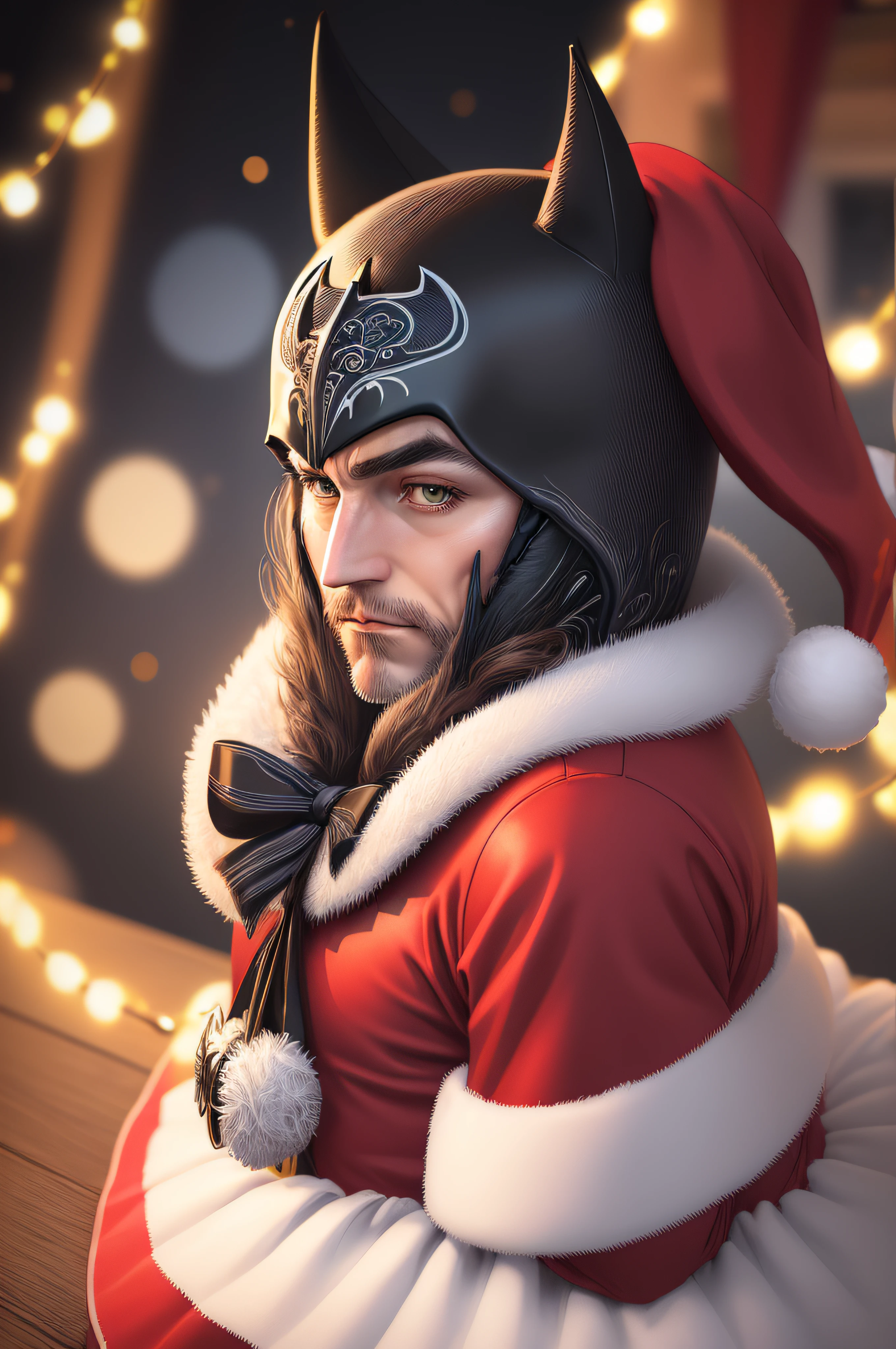 (high quality, beautiful detailed illustration, digital photo) Batman in Santa costume.