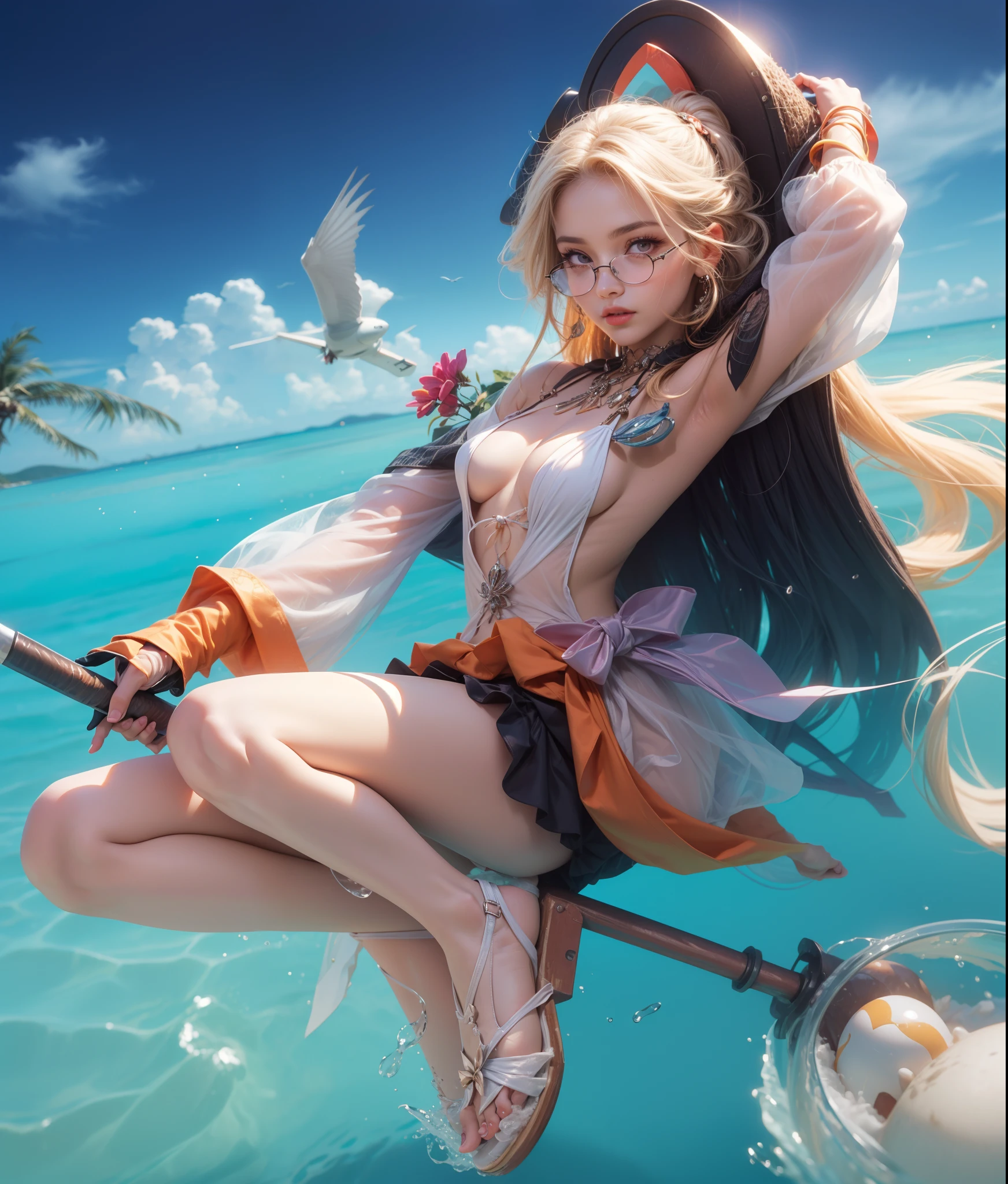 (max resolution: 1.2), (Ultra HDTV: 1.2), 8K resolution, Eye and skin details, detailed facial features, , (Sharp focus: 1.2), (Focus focus) facial expressions: 1.2), Girl, cute, glasses, Swimsuit, White bikini, (long hair), Beach view, Some coconut trees