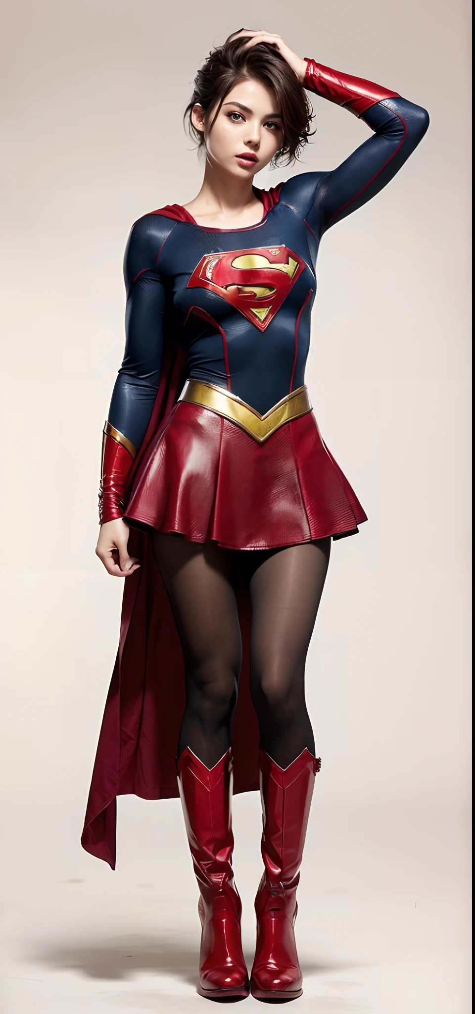 Beautiful girl fighting、japanes、Cute Beautiful Girl、(((Wear black tights on your beautiful legs.)))、(((beauty legs)))、(((Painful look)))、((((Make the most of the original image)))、(((Supergirl Costume)))、(((Beautiful hair in a short cut)))、(((Injured)))、(((Feet must necessarily be worn with black tights)))、(((You need to wear red boots)))、((Top image quality、8K))、((top-quality、8K、masterpiece:1.3))、(((Keep your background simple)))、Crisp focus:1.2、Beautiful woman with perfect body shape:1.4、Slender Abs:1.2、a wet body:1.5、Highly detailed facial and skin texture、8K、Keep your background simple