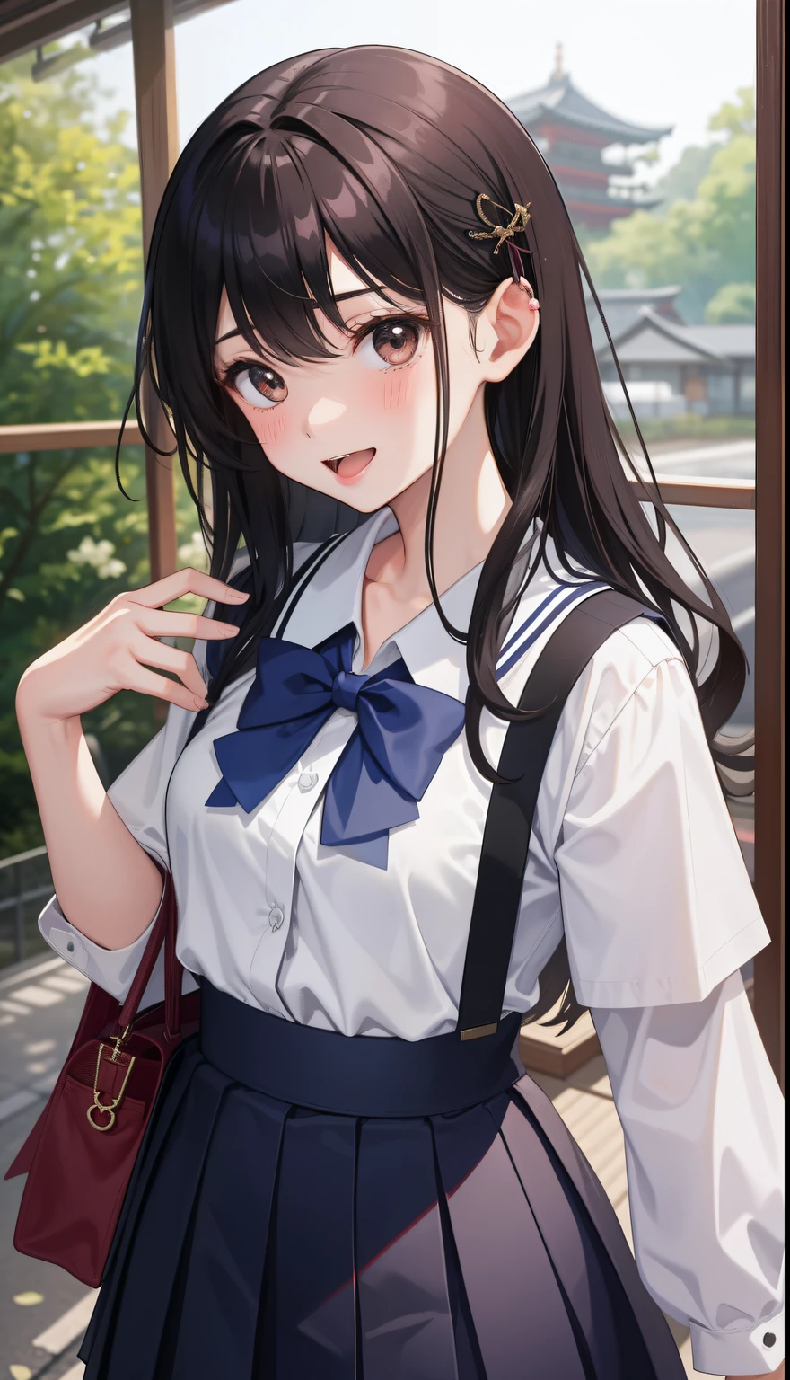 1girl in、AS-Adult、、glad、A delightful、Mouth、Open wide、laughing、The shirt、skirt by the、(small tits)Chilarism、Japan High School Student Uniform、serafuku、summer clothing、(Sheer Bra)、Upper body portrait、