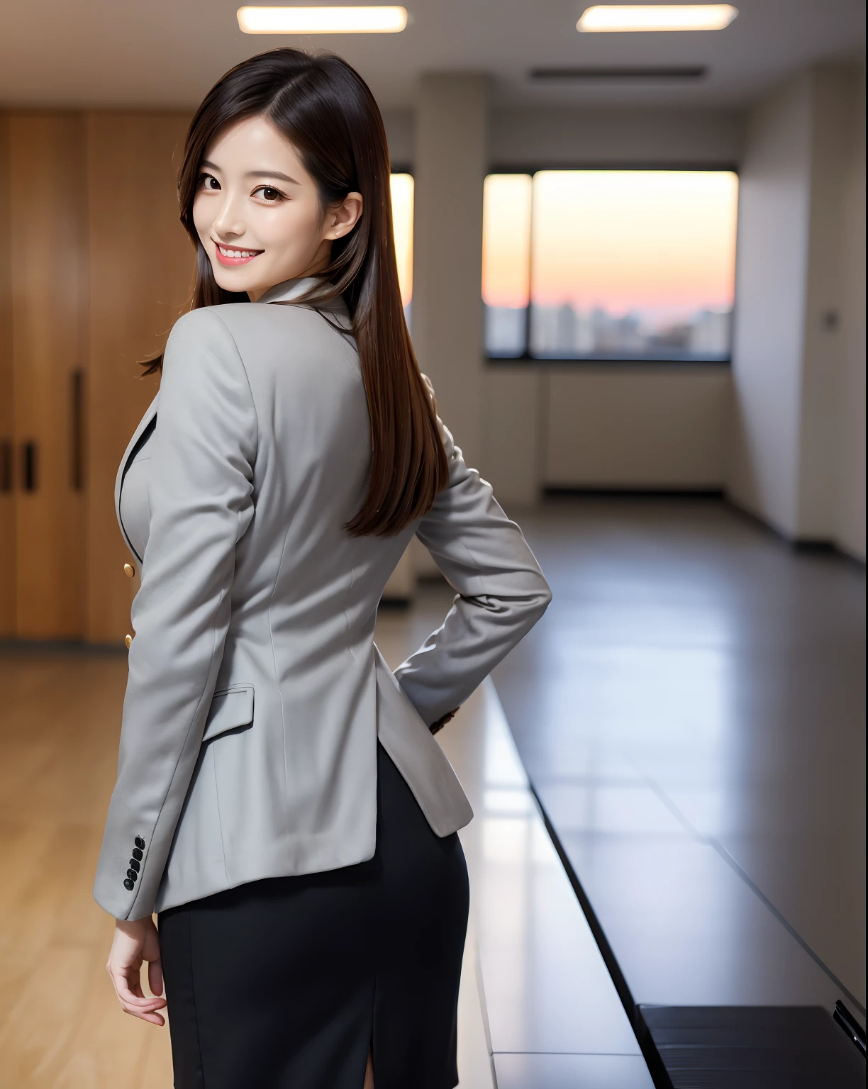 (masterpiece:1.3), (8K, realistic, Raw photo, highest quality: 1.4), Japan, beautiful face, (realistic face), (medium hair:1.3), realistic eyes, beautiful eyes, (real skin), beautiful skin, Charm, Ultra High resolution, surreal, High resolution, Beautiful Japan Woman, Navy suit, open jacket, office lady, suit, pants, From the back, office Street, (protruding butt: 1.2), detailed face, long hair, loose perm, from below, smile, The line of panties comes out,