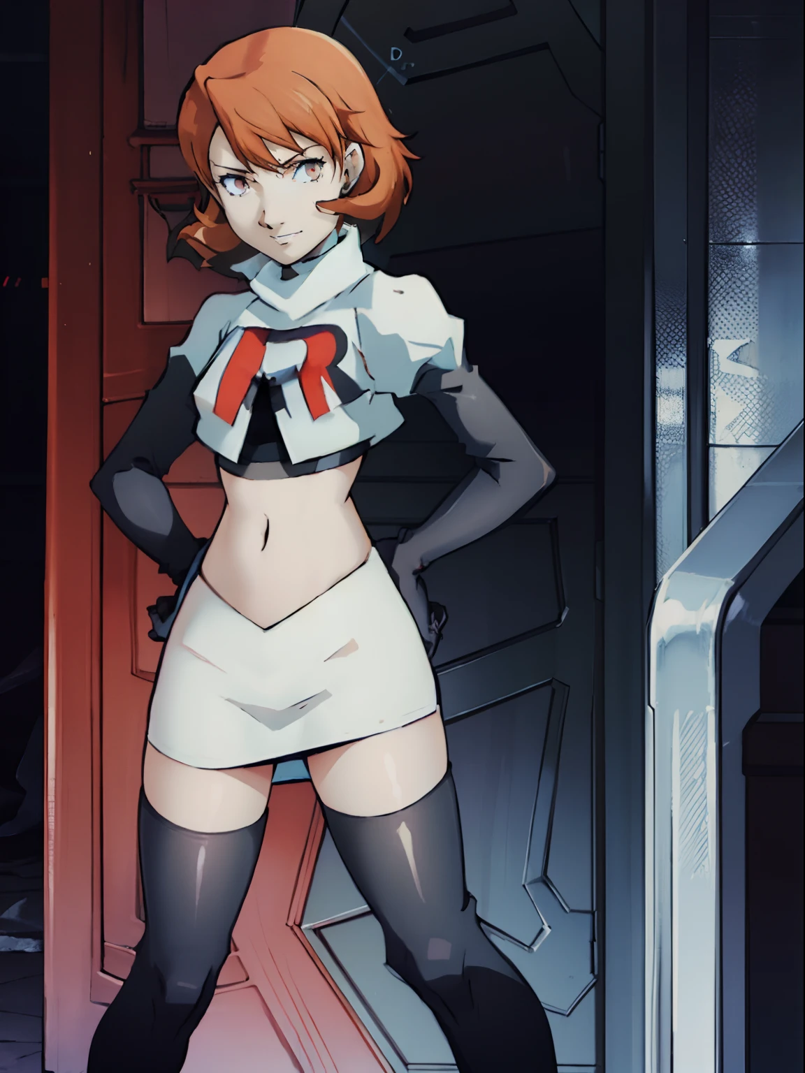 takeba_yukari (Persona 3), rocket,team rocket uniform, red letter R, white skirt,white crop top,black thigh-highs,black elbow gloves, looking down on you , hands on hips, evil smirk