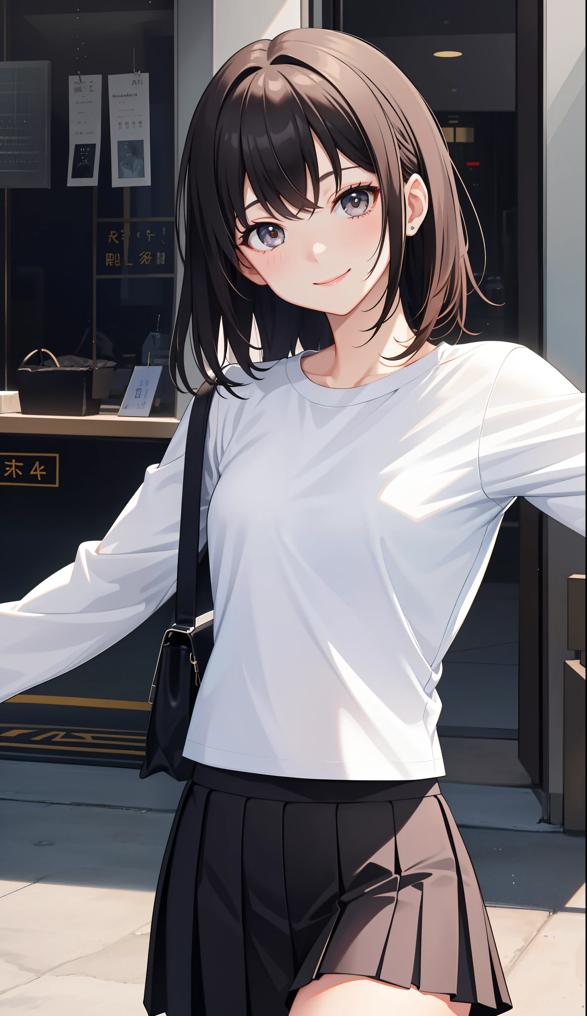 1girl in、adult lady、A smile、The shirt、skirt by the、(small tits)、Walking with a thigh、Upper body portrait、