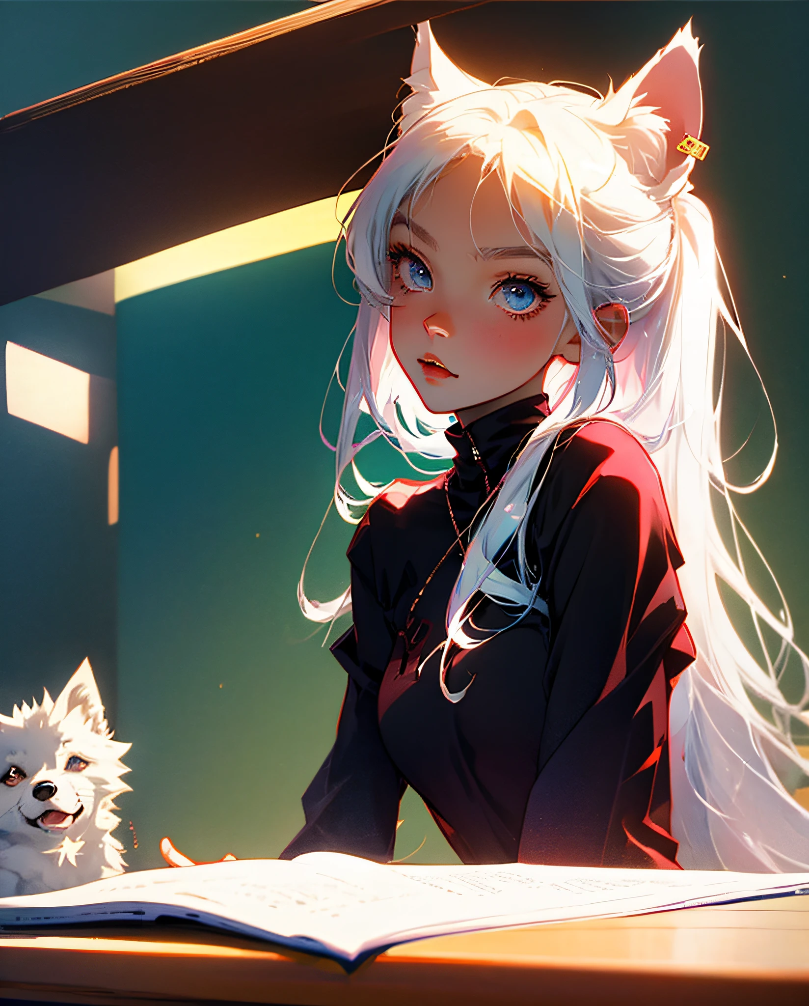 unnerving yandere cute white haired anime feminine boy who likes a girl with wolf ears and fluffy tail who is sitting by the desk behind me in class creepily staring at me