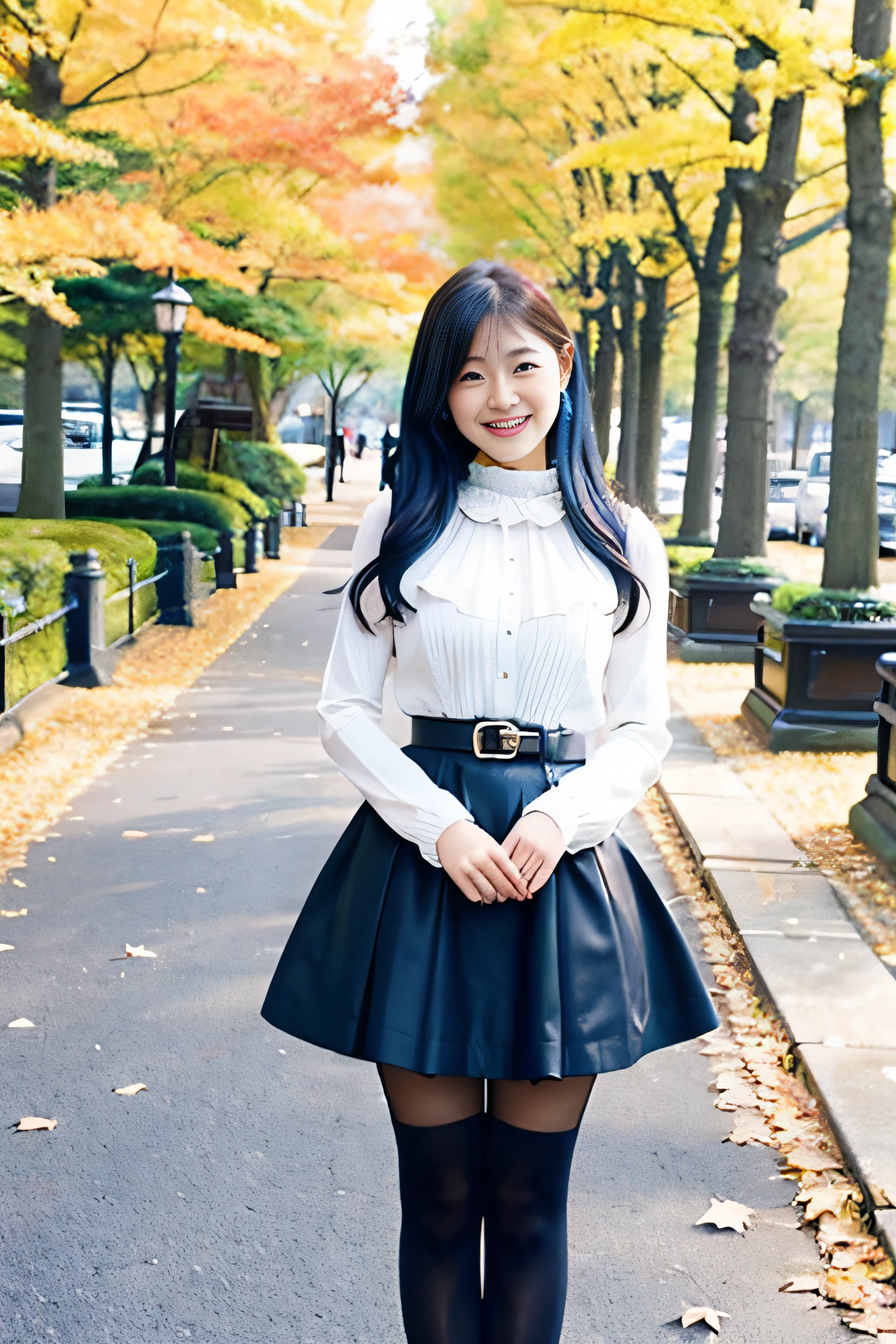 ROW Photos、High quality、Delicate、Professional photographer work、The season is autumn、Street trees with autumn leaves、Street、Beautiful girl in Japan、18year old、A smile、A slight smil、Soio、gothic lorita、Gothic ta、a miniskirt、White knee-high stockings、From the knee up、(Blue-silver hair color:1.3)、E Cup Breast、White over-knee socks、garterbelts、(Absolute area:1.3)、