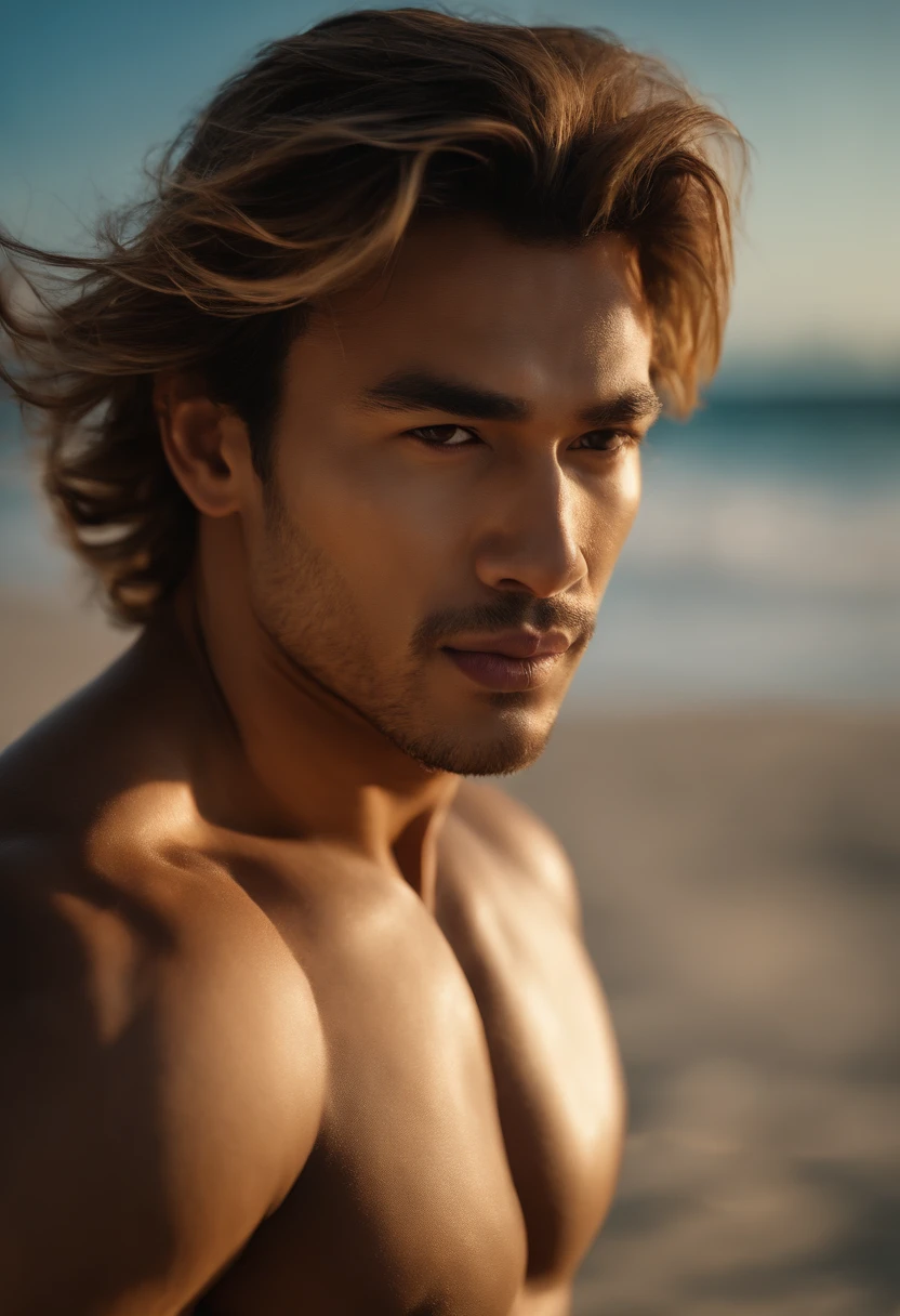 photo of a stunning naked handsome muscular Thai man, no female, honey eyes, short messy windy light brown hair, flipping hair, closeup zoomed in tight crop portrait, walking down a (paradisiacal beach scene:1.2) (Lighting-blue:1.2) foreground objects background details (masterpiece:1.2) (photorealistic:1.2) (bokeh:1.2) (best quality) (color grading) (detailed skin:1.3) (intricate) (8k) (HDR) (cinematic lighting:1.3) (sharp focus), messy windy hair