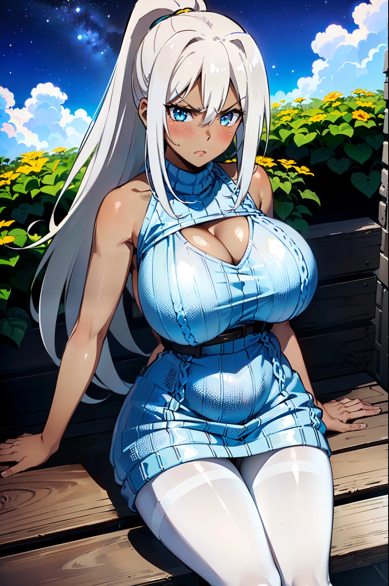 masterpiece, best quality, extremely detailed, 1girl, mature female, solo, (dark brown skin:1.6), ross, (huge breasts:1.5), (((white hair, long hair, ponytail, blue eyes))), parted lips, (((virgin killer sweater, white sweater, white pantyhose))), ((blush, angry), closed mouth), ((sitting on the bench, garden, dark sky, cloudy sky))