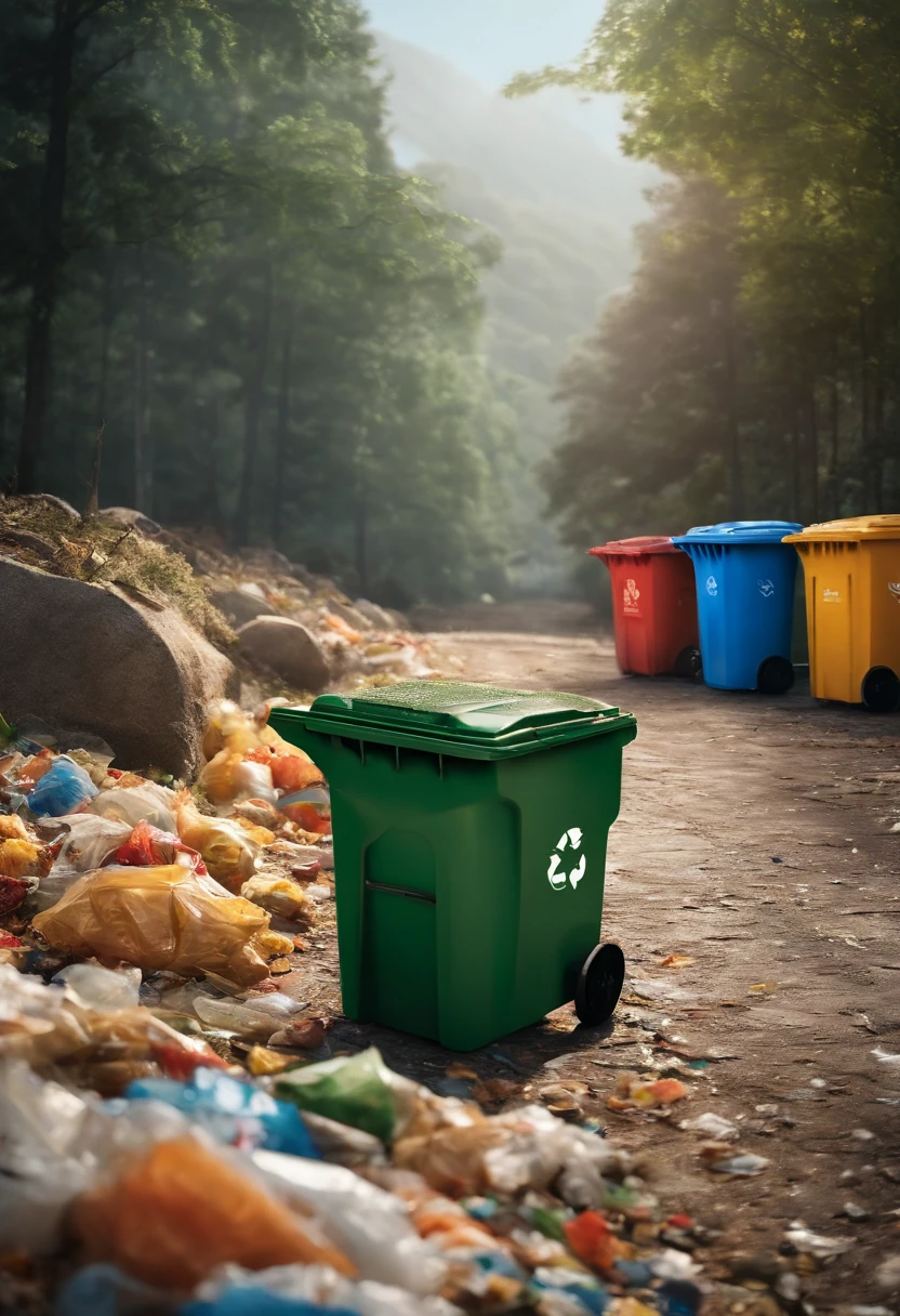 One shows that garbage sorting is environmentally friendly、A poster that is valued by both adults and children in the family。There are four trash cans of different colors，Corresponding to different garbage。