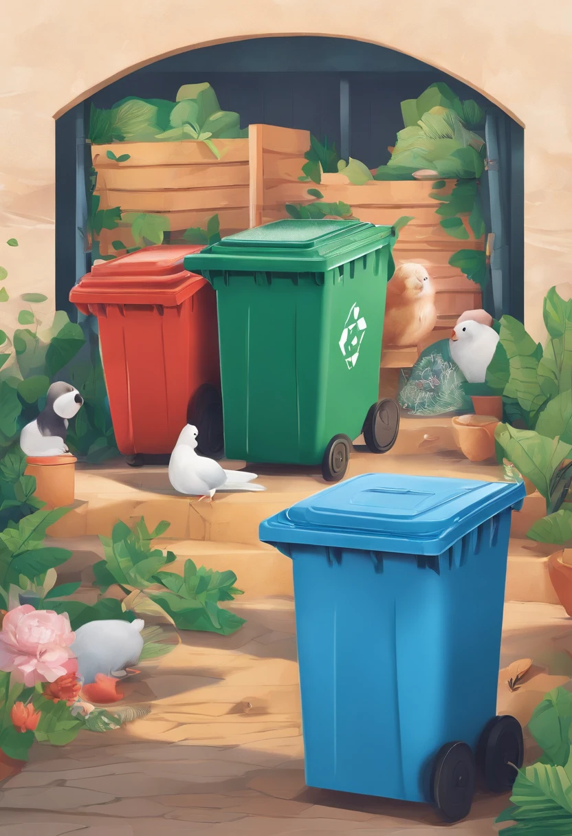 One shows that garbage sorting is environmentally friendly、A poster that is valued by both adults and children in the family。There are four trash cans of different colors，Corresponding to different garbage。