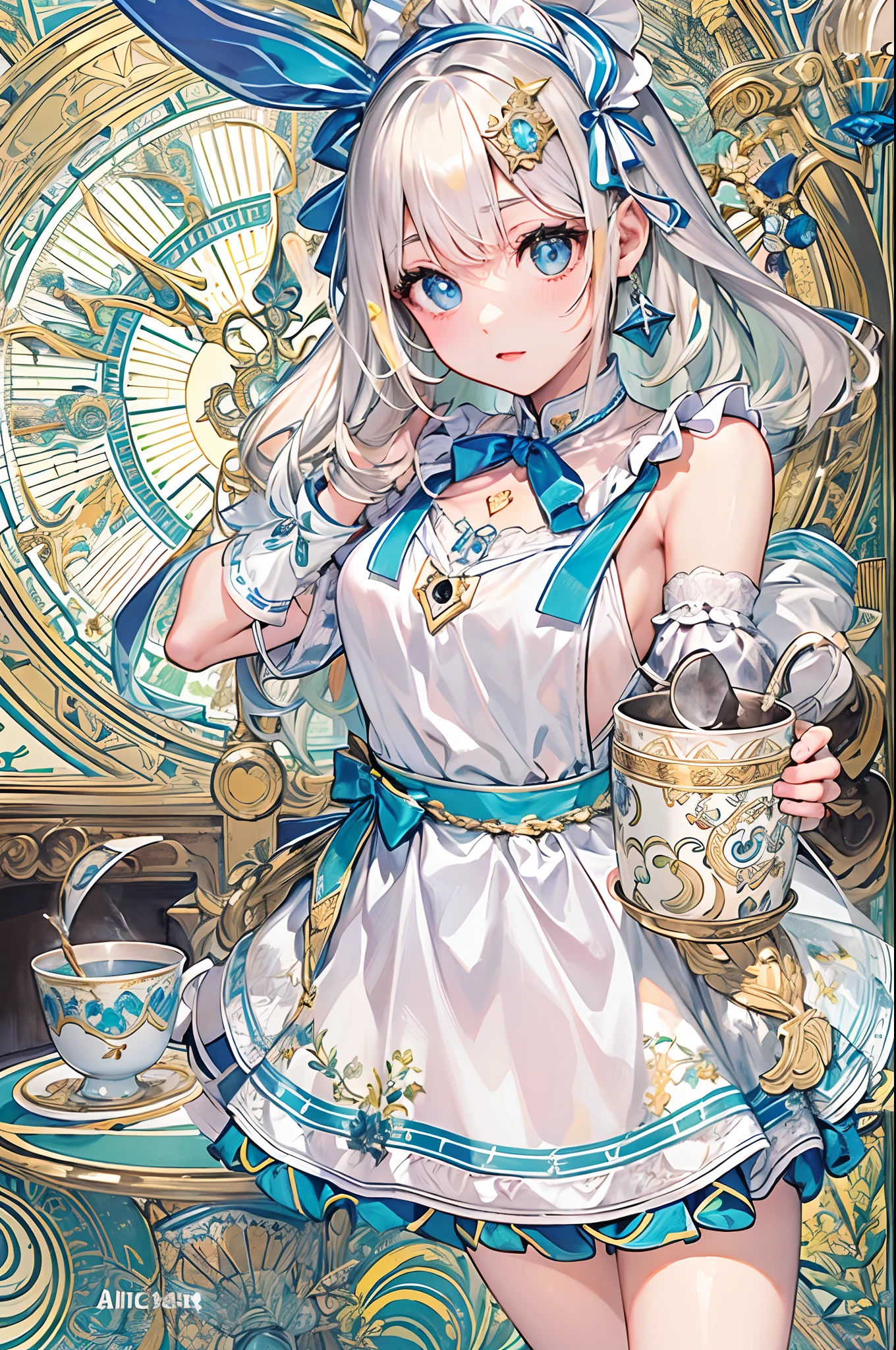 (masuter piece、top-quality、Mystical、Beautifully Aesthetic、offcial art、Impresionismo、von gogh:1.2)、(1 girl in:1.3)、(Fractal Art:1.4)、shinny skin、patterns、(alice in the wonderland:1.2)、(bunny rabbit、Siamese cat、PlayingCards、tea cup、pocket watch:0.8)、(Tie your hair with a ribbon、Blue Dress、a miniskirt、beauty legs、White Apron、white sock、platinum-blonde、Blue eyes)、Exotic wallpapers、highly colorful、Abstract background、Fantastical