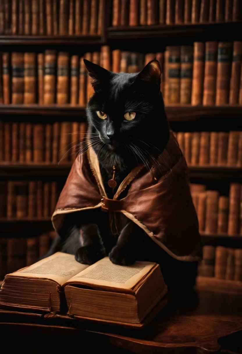 In a library full of woodwork and books, with dim light, un chat rouquin, Sitting on his hind legs reads a parchment, il porte des lunettes avec une monture noire et ronde.