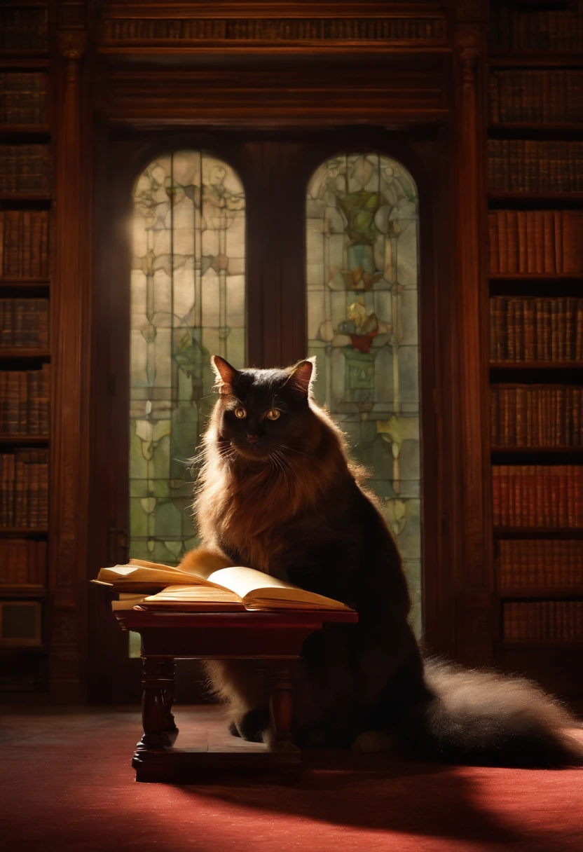 In a library full of woodwork and books, with dim light, un chat rouquin, Sitting on his hind legs reads a parchment, il porte des lunettes avec une monture noire et ronde.