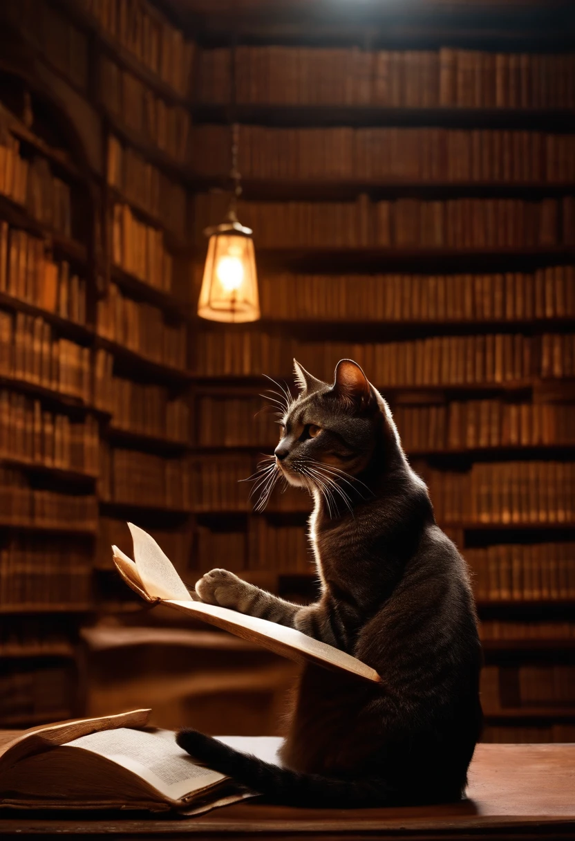 In a library full of woodwork and books, with dim light, un chat rouquin, Sitting on his hind legs reads a parchment, il porte des lunettes avec une monture noire et ronde.