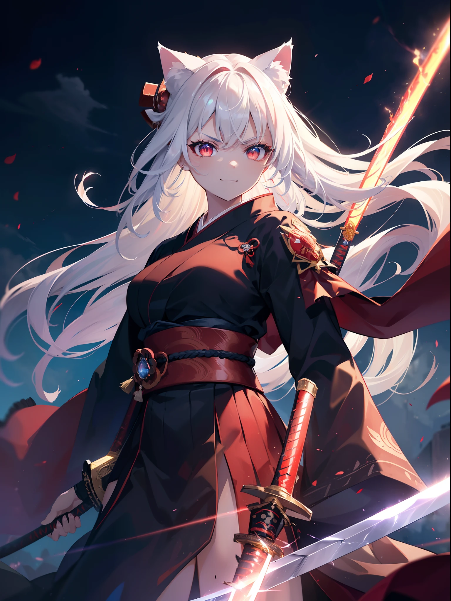 (Cat's ears:1.3),(Sky Eyes 1.3),(Face Focus:1.3), (angry, Smile:1.3),(Gentle face:1.3),(long white hair:1.3), hair messy, Red Eyes,red eyes,Red Eyes(Eyes are red:1.3), (perfectly detailed eyes:1.3),Dynamic Angle,Black kimono,Black Hakama,Black Japanese Clothing,Black Samurai,Her skin is white,Red lightning,Red thunder, Swirling rainbows and lights on complex background、It enveloped me like a serpent in an interstellar wind,(Dual-wielding combat pose:1.3),(The red glowing samurai sword:1.3),(A sword shining in red lightning:1.3),She has a samurai sword,dual-wielding,Unleash the Blade of Light,Highest Quality, (Red cloak with war maiden decoration:1.3),Raise the railgun, ((sanpaku))((Proud)), (Blue glowing thunder sword:1.3),(Fiery Red Sword:1.3),Blade of Light,Lens Flare, Big rainbow,The moon shines,Star chips, bloom, ((light glow)), chromatic abberation], Digital Painting, Insane details, Intricate details, Beautifully color graded, Unreal Engine, Cinematic , colour grading, Editorial Photography , Photography, Photo Shot, Canon 5D Camera Photography,Shot on 70mm lens, Depth of subject, ultra sharpness, nffsw, octane, Unreal, Dramatic light, Global Illumination,Motion Picture Film,rainbow,lensflare,(Moonlight Art:1.3:1.3),(Sengoku:1.3),(Agfacolor:1.3),(close portrait:1.3),(Feminine:1.4),(Beautiful:1.4),(Attractive:1.3),Move an angle,Themed Background,