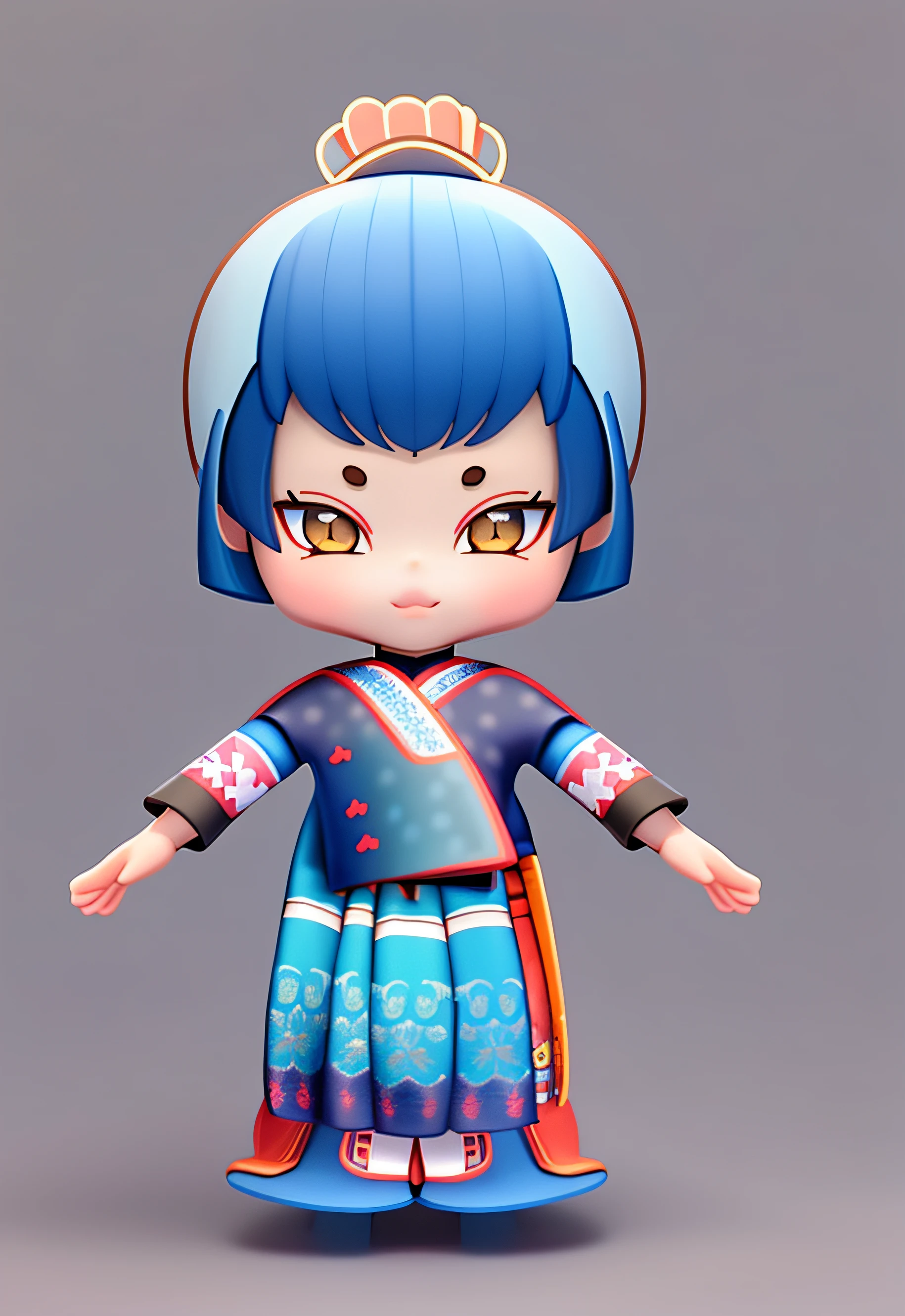 One Little Girl,Wear traditional Miao costumes,The top is blue,The gray skirt has a lot of Miao motifs on it
