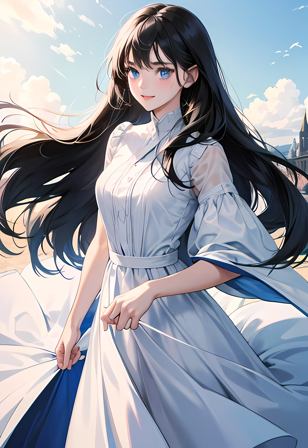 1 girl, high res, long black hair, blue eyes, wearing cute and modest white dress, happy and elegant, motivating, bright, ultrasharp, 8K, masterpiece, looking at the viewer