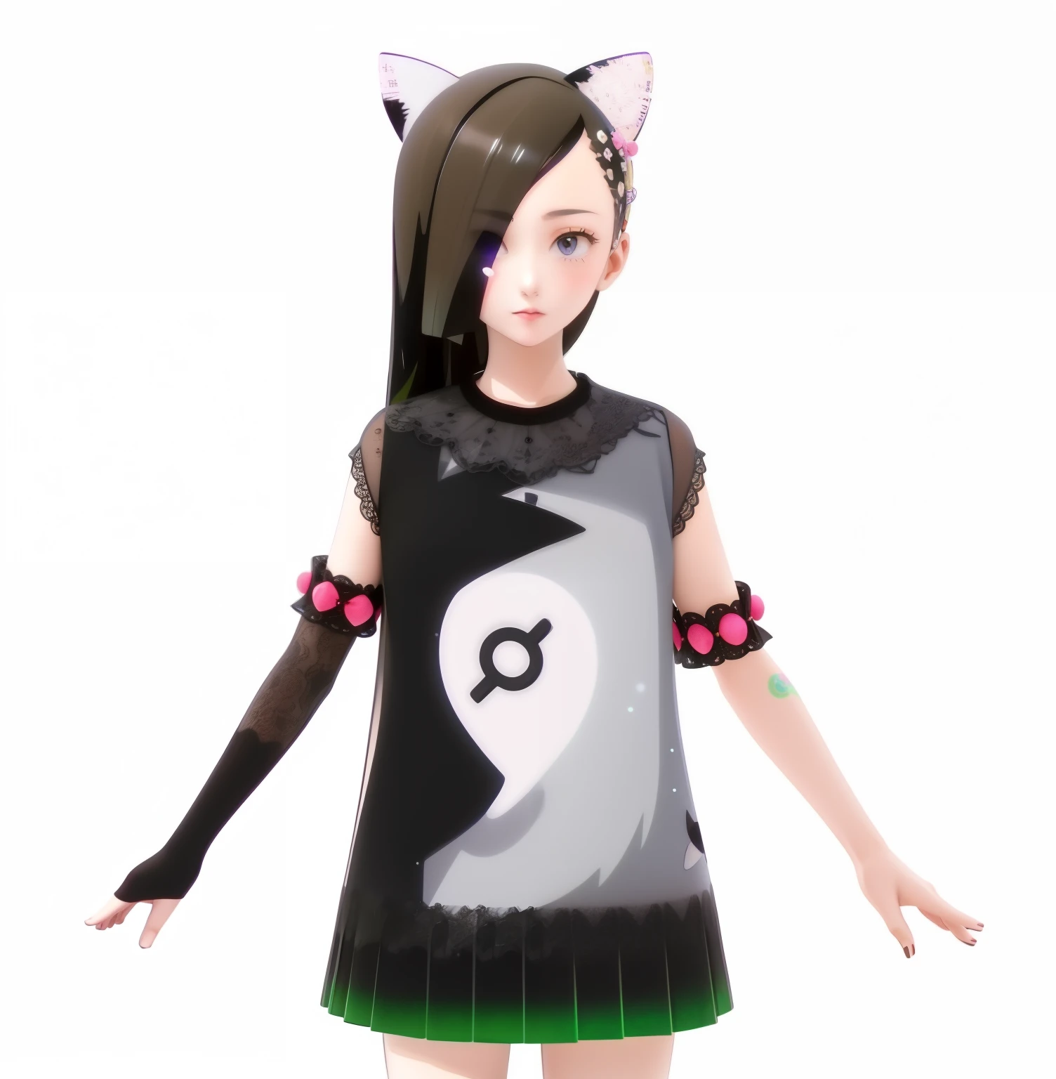 a cartoon girl in a dress with a cat on it, glitchpunk girl, [ digital art ]!!, anime styled 3d, render of a cute 3d anime girl, live2d virtual youtuber model, lineless, inspired by Awataguchi Takamitsu, epic 3 d abstract emo girl, ( ( dithered ) ), anime catgirl