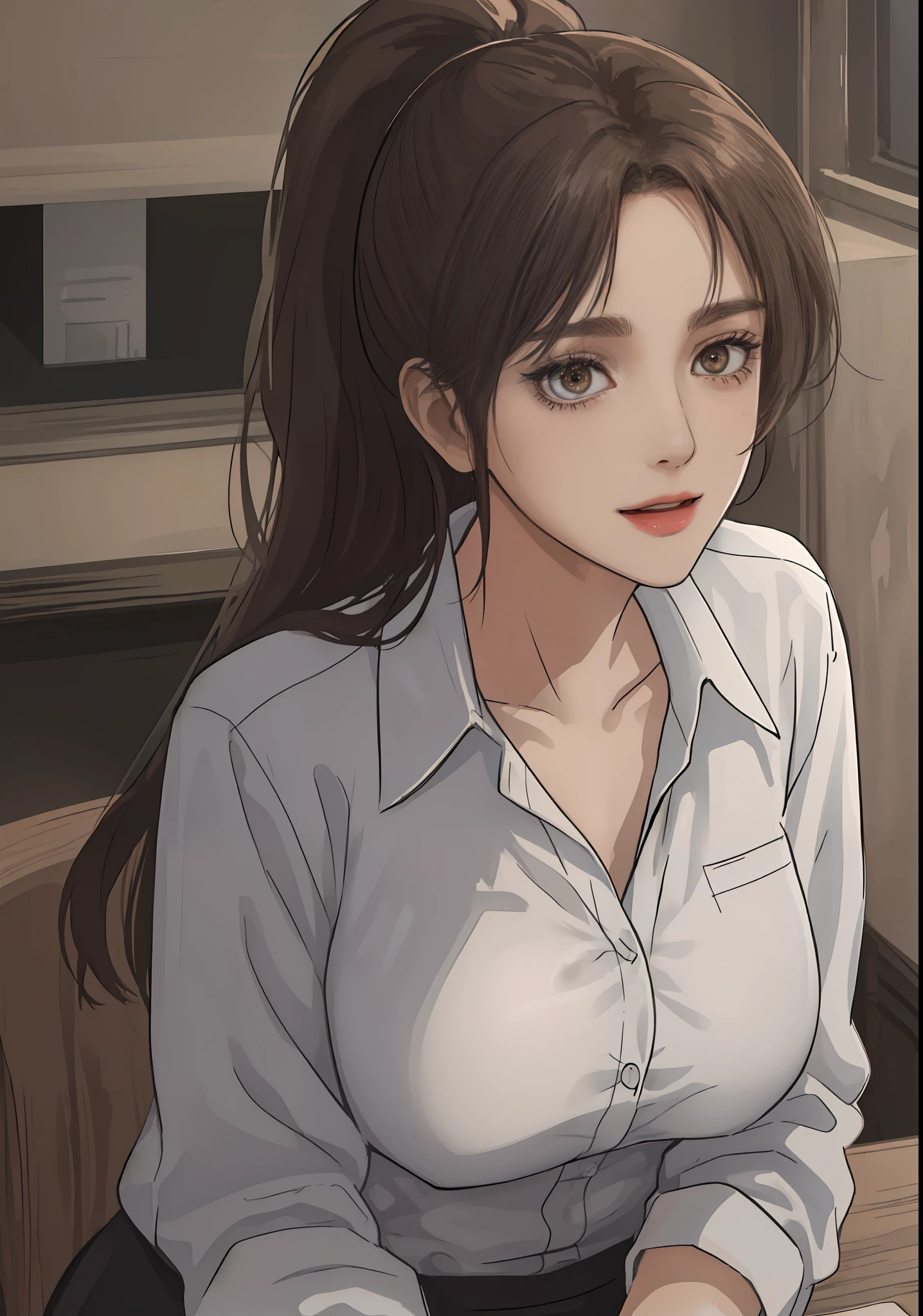 masterpiece, best quality, highest quality, perfect anatomy, highres, ultra-detailed, 8k wallpaper, texture, detail, unique, HDR, extremely detailed CG, Azuma Hisato, 1 girl, Solo, full body, standing, ponytail, brown_hair, Bangs, brown_eyes, 20yo, mature female, looking at viewer, smile, lewd face,naked boobs ,having sex,xxx, (Beautiful,large_Breasts:1.4), (beautiful_face:1.5),(narrow_waist), office outfit, office uniform
