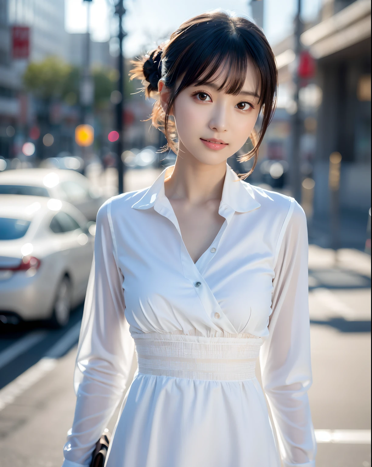 (masutepiece:1.3), (8K, Photorealistic, Raw photo, Best Quality: 1.4), Japanese, (1girl in), Beautiful face, (Realistic face), (Black hair), Beautiful hairstyle, Realistic eyes, Beautiful detailed eyes, (Realistic skin), Beautiful skin, Attractive, 超A high resolution, A hyper-realistic, Highly detailed, Golden ratio、 Show from the hips to the shoulders, Beautiful detailed skin, (Cute:1.2), (Black hair), ((JPOP Idol)), (upper thigh:0.6), (depth of fields),Soft light, Lens Glow, Looking at Viewer, (drooping eyes:1.2), Straight teeth,Smile, Floating hair, (a blond:1.2), Brown eyes, Movie Scene, Cinematic, fulcolor, 4K, 8K, 16 K, Raw photo, masutepiece, professionally color graded, Professional Photography, cleavage,High School Girl, Hair UP, Think,(Sweat,Sigh)1.2,(blush,Open mouth)1.3,soft clean focus, Realistic lighting and shading, (an extremely delicate and beautiful art)1.3, Elegant,Active Angle,Dynamism Pose, Photorealistic, (One pretty girl:1.1), hight resolution, ultraclear, Sharp Focus, ,Cosplay, slim, Sheer white cloth,White hair, High Ponytail, (Off-White Damask Long Sleeve Shirt Dress:1.3), (Thom Brown Design Dress:1.4), (hyper detailed background, Detail Background: 1.3), Bokeh, depth of fields, China City Street, No one in the background,