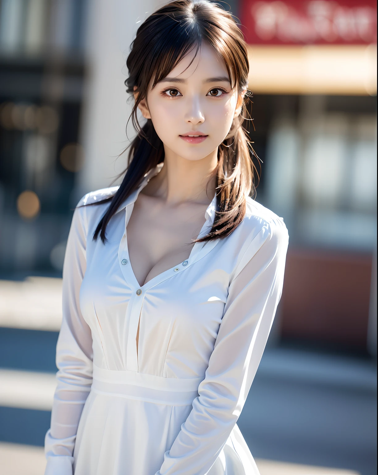 (masutepiece:1.3), (8K, Photorealistic, Raw photo, Best Quality: 1.4), Japanese, (1girl in), Beautiful face, (Realistic face), (Black hair), Beautiful hairstyle, Realistic eyes, Beautiful detailed eyes, (Realistic skin), Beautiful skin, Attractive, 超A high resolution, A hyper-realistic, Highly detailed, Golden ratio、 Show from the hips to the shoulders, Beautiful detailed skin, (Cute:1.2), (Black hair), ((JPOP Idol)), (upper thigh:0.6), (depth of fields),Soft light, Lens Glow, Looking at Viewer, (drooping eyes:1.2), Straight teeth,Smile, Floating hair, (a blond:1.2), Brown eyes, Movie Scene, Cinematic, fulcolor, 4K, 8K, 16 K, Raw photo, masutepiece, professionally color graded, Professional Photography, cleavage,High Girl, Hair UP, Think,(Sweat,Sigh)1.2,(blush,Open mouth)1.3,soft clean focus, Realistic lighting and shading, (an extremely delicate and beautiful art)1.3, Elegant,Active Angle,Dynamism Pose, Photorealistic, (One pretty girl:1.1), hight resolution, ultraclear, Sharp Focus, ,Cosplay, slim, Sheer white cloth,White hair, High Ponytail, (Off-White Damask Long Sleeve Shirt Dress:1.3), (Thom Brown Design Dress:1.4), (hyper detailed background, Detail Background: 1.3), Bokeh, depth of fields, China City Street, No one in the background,