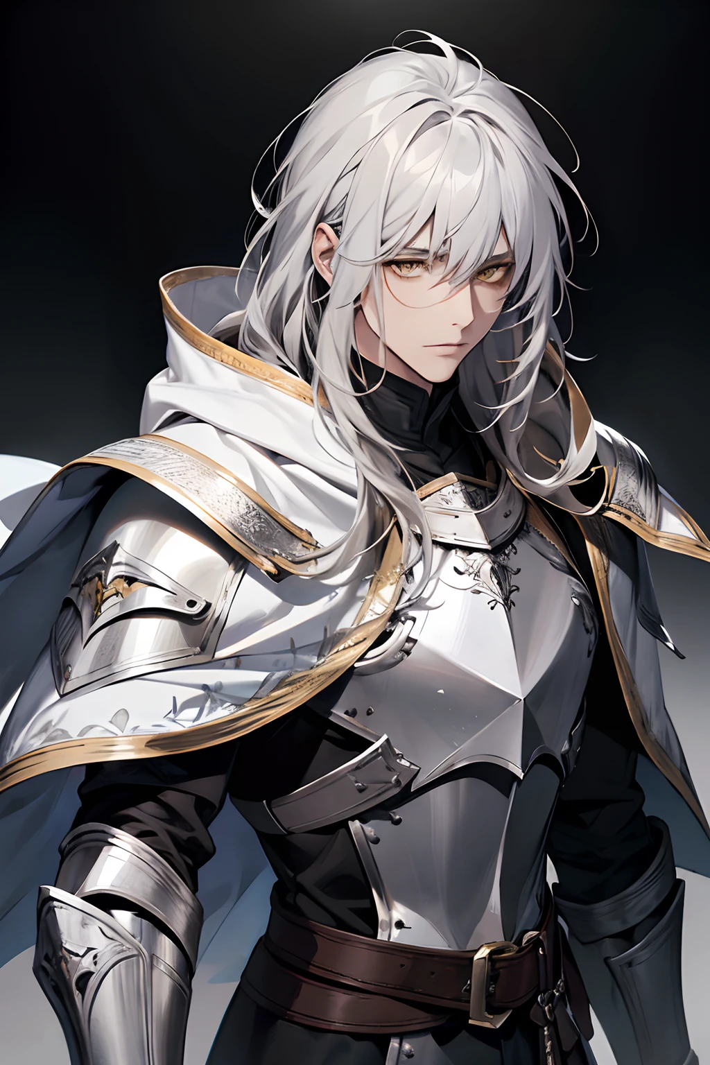 male, messy silver medium length hair with bangs, yellow eyes, adult face, adult, white hood and shroud, bare stomach, breast plate armor, thin lean and handsome, fantasy, sorcerer
