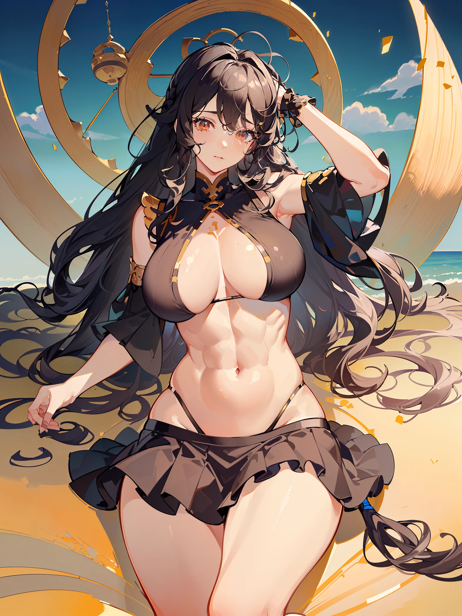 (8K, Best quality, tmasterpiece:1.2),\(eye detailed\),\(Facial features\),(\(Clothes detail details\)\),(huge tit),full bodyesbian,(Facial focus) ,Very detailed CG unity 8K wallpaper,hugefilesize,ultra - detailed,A high resolution,absurderes,beautidful eyes,Ray traching,dramatic shadow,finely detailled,Dramatic angles,Hyper-detailing,(1 girl:1.3),(Solo),Mature female,a matural female,thick thight,busty figure,Wife,Plump belly,((Black hair,Wavy curly hair,Long hair,Side hairs of a single braid:1.3)),((Danfeng Eyes,Elongated eyes,beautifully detailed eyelash)),big breasts exposed cleavage,Large areas of skin,((Belly dancer,Short Ruffled Skirt,Accentuate healthy abs and abdomen,Faintly visible muscle lines,nabel,Gold charms sewn on bras and skirts:1.4)),((gigantic cleavage breasts,Sagging breasts,Huge chest,Colossal tits:1.4)),((slutty)),((Thigh thick,Thigh fat,Long legs:1.3)),((Brown skin,Brown skin,The beauty of the Middle East:1.3))