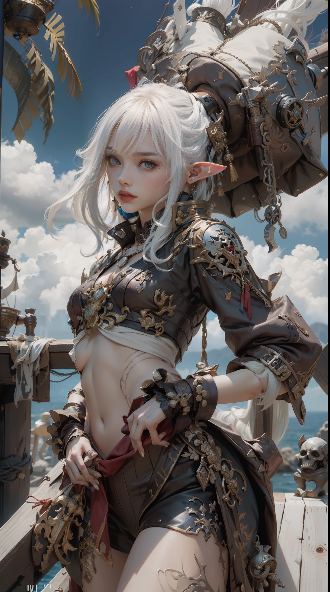 a elf pirate standing on the deck of her ship, (((1girl))), in Extremely cute elf race face with a perfect body, (((of the highest quality: 1.4))),(unparalleled masterpiece ever), (Ultra high definition), (((adult body))), insanley detailed face and eyes, Perfect lips, Pirate hat with metal spines,Beautiful and well-groomed face, Detailed pirate clothing,Pirate Jacket, (Image from head to thigh),(( white hair, asymmetrical bangs, short hair )), Small leather panties, Simon Bisley's urban savage style, Detailed pirate ship background, Clean abs, Complex graphic gauntlets, Dark red with white stars and blue and white stripes, s Armor, Poison tattoo, fantasy art, illustration, digital art by Yusuke Murata.
