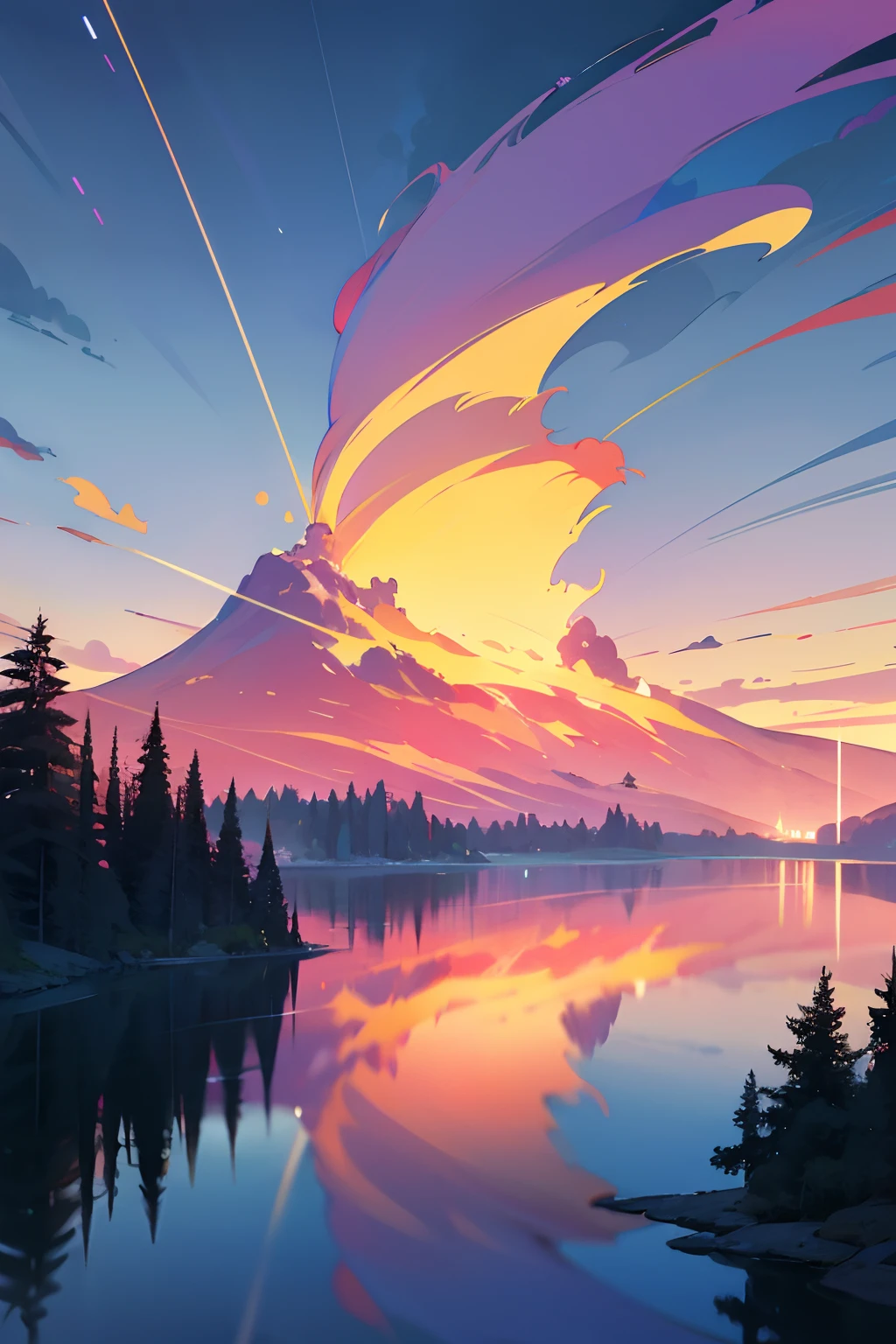 A surreal masterpiece，It presents a beautiful and spectacular view of dusk。Lakes and trees form the background，Accompanied by colorful sunsets and fantastic sky reflections。The beautiful sky blends in with the color of the lake，It's like a flame。This 8K picture creates a fantastic atmosphere，Colorful clouds are suspended in it，Create surreal visual experiences，Ultra-clear 8K，Hyper-detailing