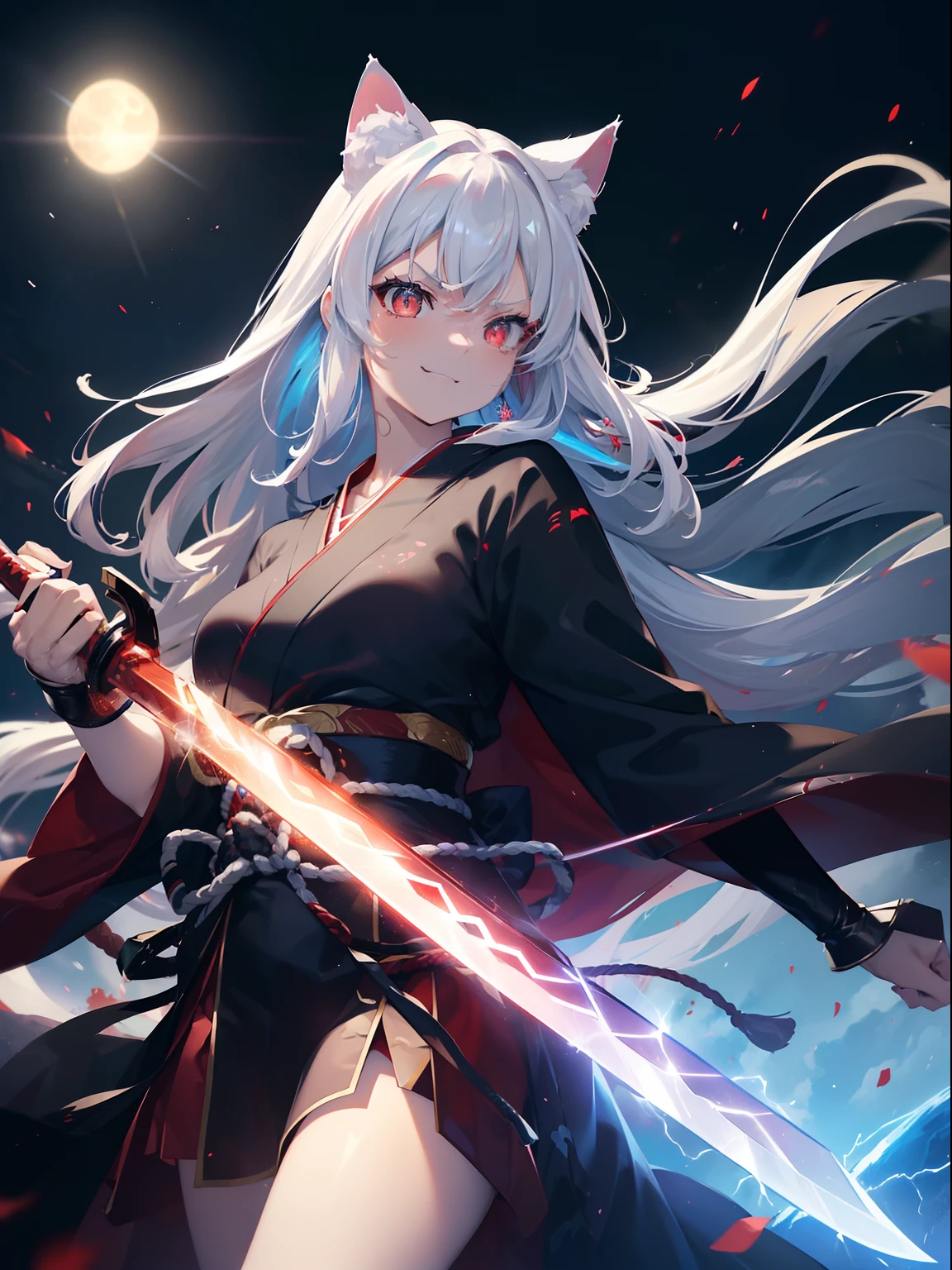 (Cat's ears:1.3),(Sky Eyes 1.3),(Face Focus:1.3), (angry, Smile:1.3),(Gentle face:1.3),(long white hair:1.3), hair messy, Red Eyes,red eyes,Red Eyes(Eyes are red:1.3), (perfectly detailed eyes:1.3),Dynamic Angle,Black kimono,Black Hakama,Her skin is white,Red lightning,Red thunder, Swirling rainbows and lights on complex background、It enveloped me like a serpent in an interstellar wind,(Dual-wielding combat pose:1.3),(The red glowing samurai sword:1.3),(A sword shining in red lightning:1.3),She has a samurai sword,dual-wielding,Unleash the Blade of Light,Highest Quality, (Red cloak with war maiden decoration:1.3),Raise the railgun, ((sanpaku))((Proud)), (Blue glowing thunder sword:1.3),(Fiery Red Sword:1.3),Blade of Light,Lens Flare, Big rainbow,The moon shines,Star chips, bloom, ((light glow)), chromatic abberation], Digital Painting, Insane details, Intricate details, Beautifully color graded, Unreal Engine, Cinematic , colour grading, Editorial Photography , Photography, Photo Shot, Canon 5D Camera Photography,Shot on 70mm lens, Depth of subject, ultra sharpness, nffsw, octane, Unreal, Dramatic light, Global Illumination,Motion Picture Film,rainbow,lensflare,(Moonlight Art:1.3:1.3),(Sengoku:1.3),(Agfacolor:1.3),(close portrait:1.3),(Feminine:1.4),(Beautiful:1.4),(Attractive:1.3),Move an angle,Themed Background,