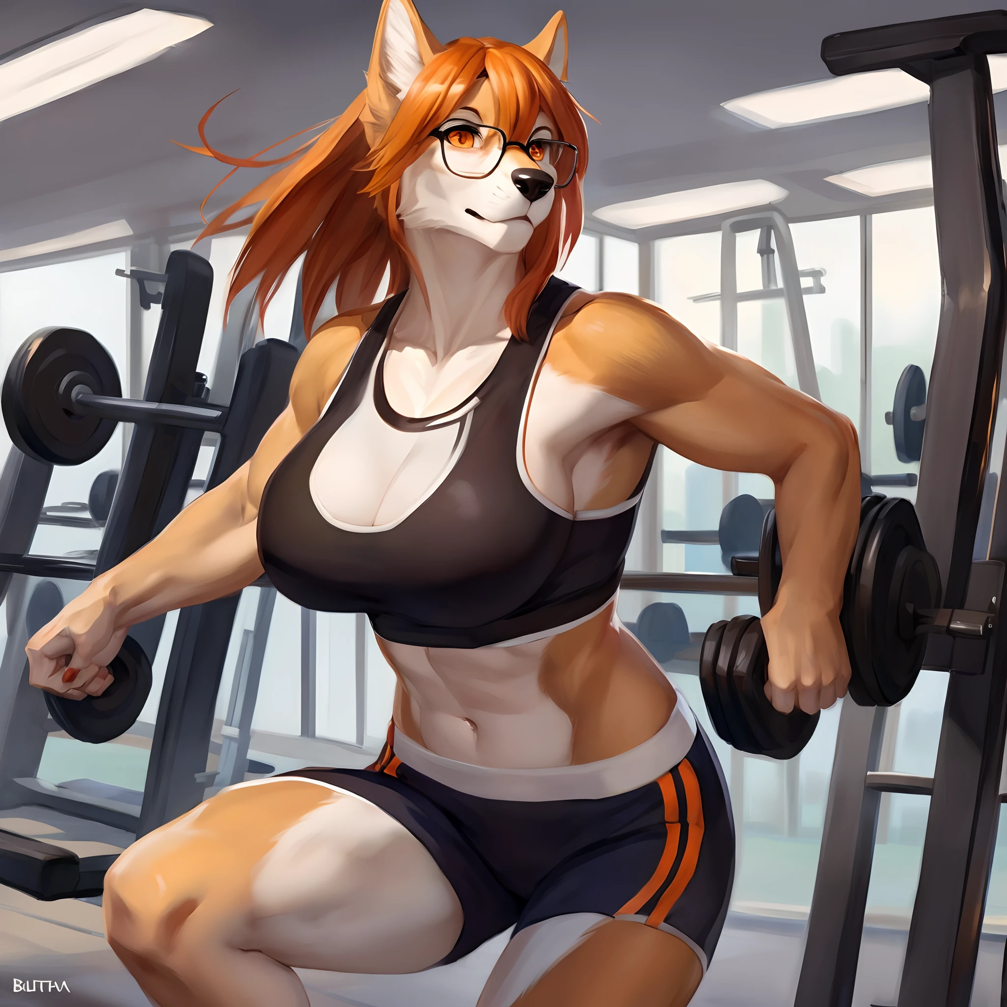Solo, female, big breasts, canine, white fur, orange eyes, orange hair, glasses, brown arms, muscular, By bebebebebe, by buta99, by chunie, by sonsasu, by danza, at the gym, running, workout clothes,