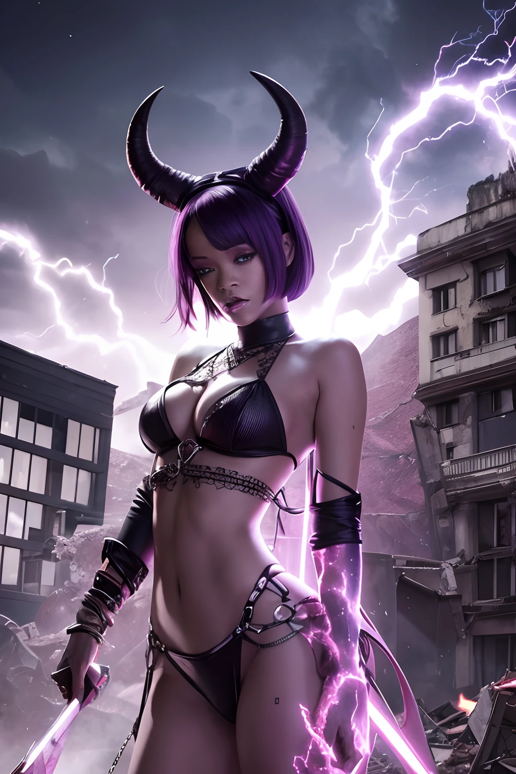 Rihanna hyper-giant, Hyper-powerful demon with two demon horns on his head and demon wings, Purple lightning fire on a building and shatters buildings , ville en ruine post apocalyptique,