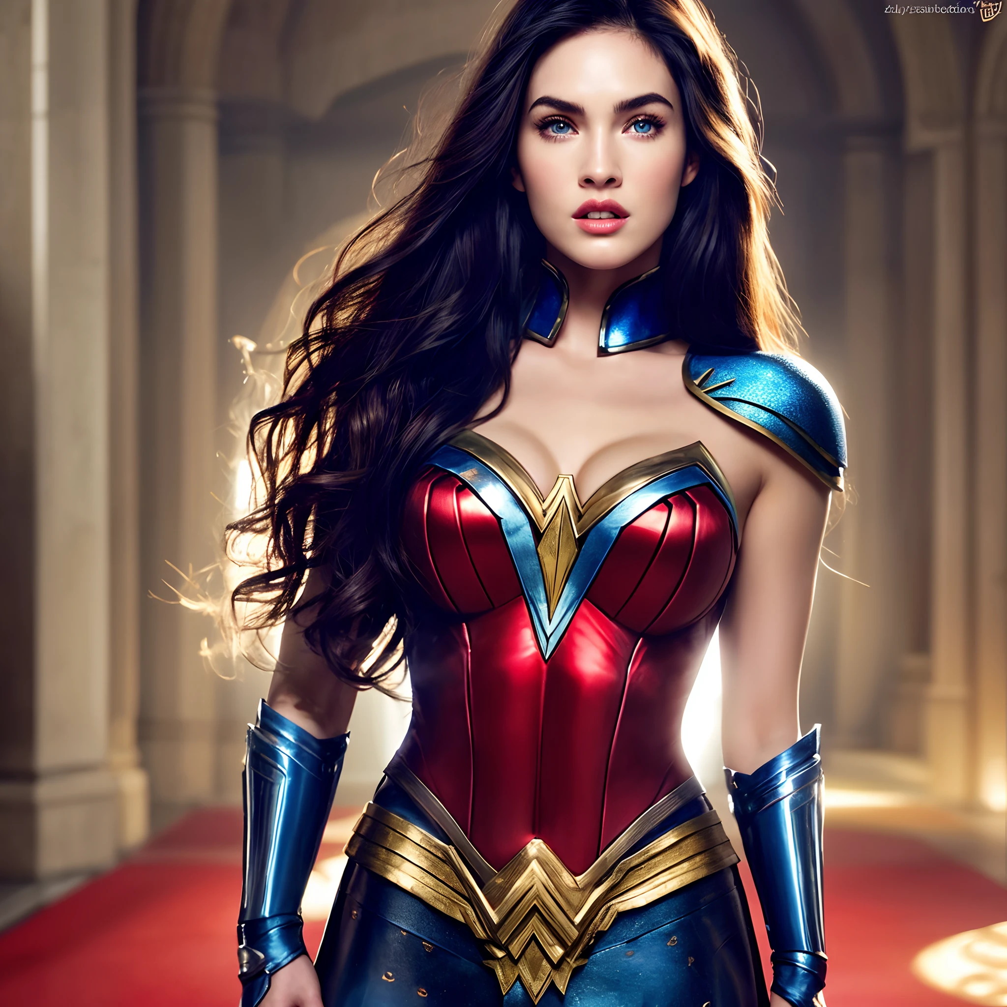 hybrid Megan Fox Scarlet Johanson, seksy female body, blue eyes, skimpi gold blue red wonder woman armor, blue eyes, long wavy black hair, big bobs, UHD, masterpiece, super detail, award winning, best quality