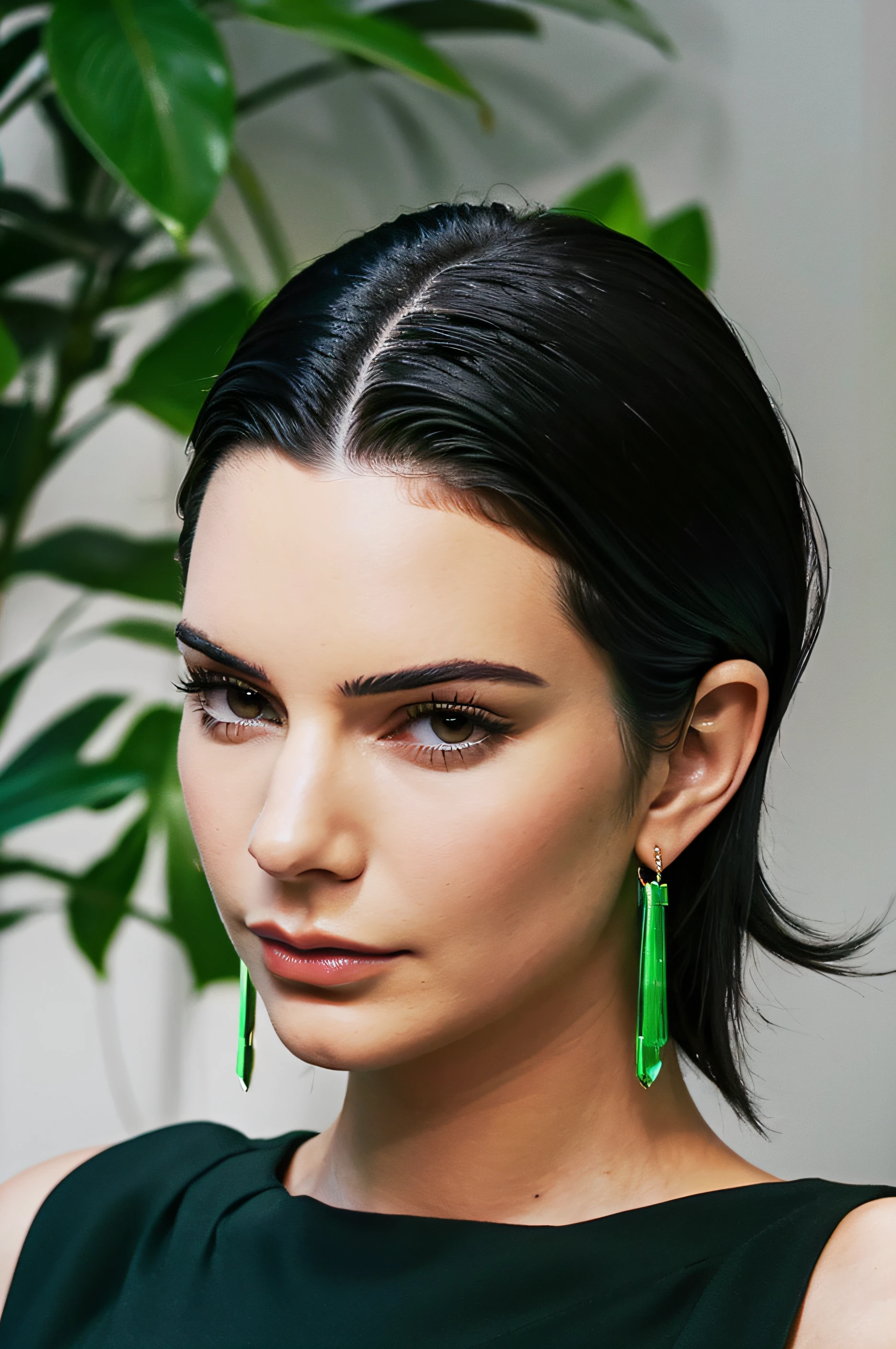 a close up of a woman wearing a black dress and green earrings, kendall jenner, slicked black hair, short slicked - back hair, slicked-back hair, slicked back hair, sleek eyes, dua lipa, radiant cut, emily ratajkowski, sleek!!!, straight hairstyle, huge earrings, lean sleek styling, oversized emerald eyes