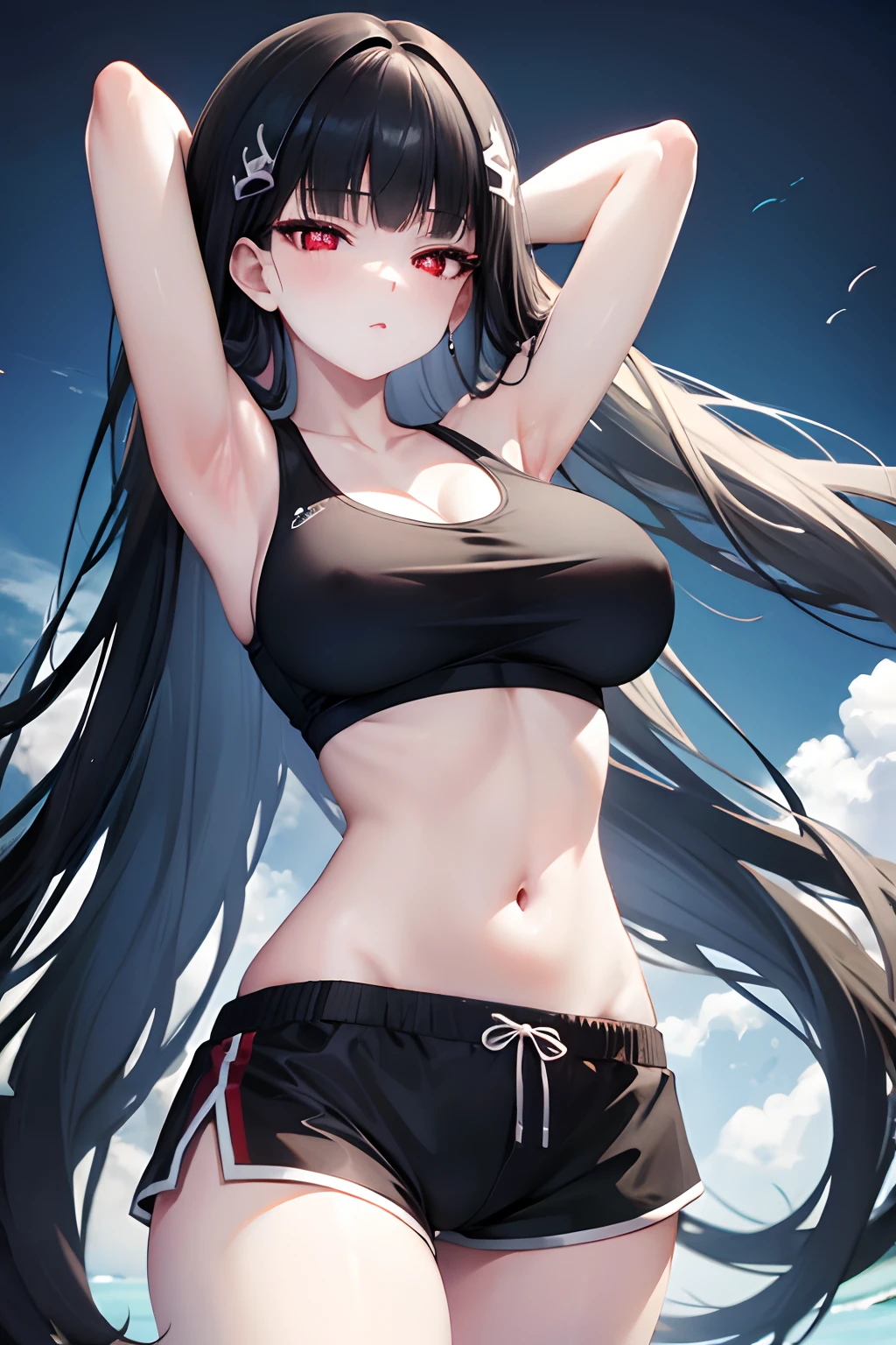 rio, blue archive, black hair, very long hair, red eyes, large breast, tank top, stomach, navel, running dolphin shorts,