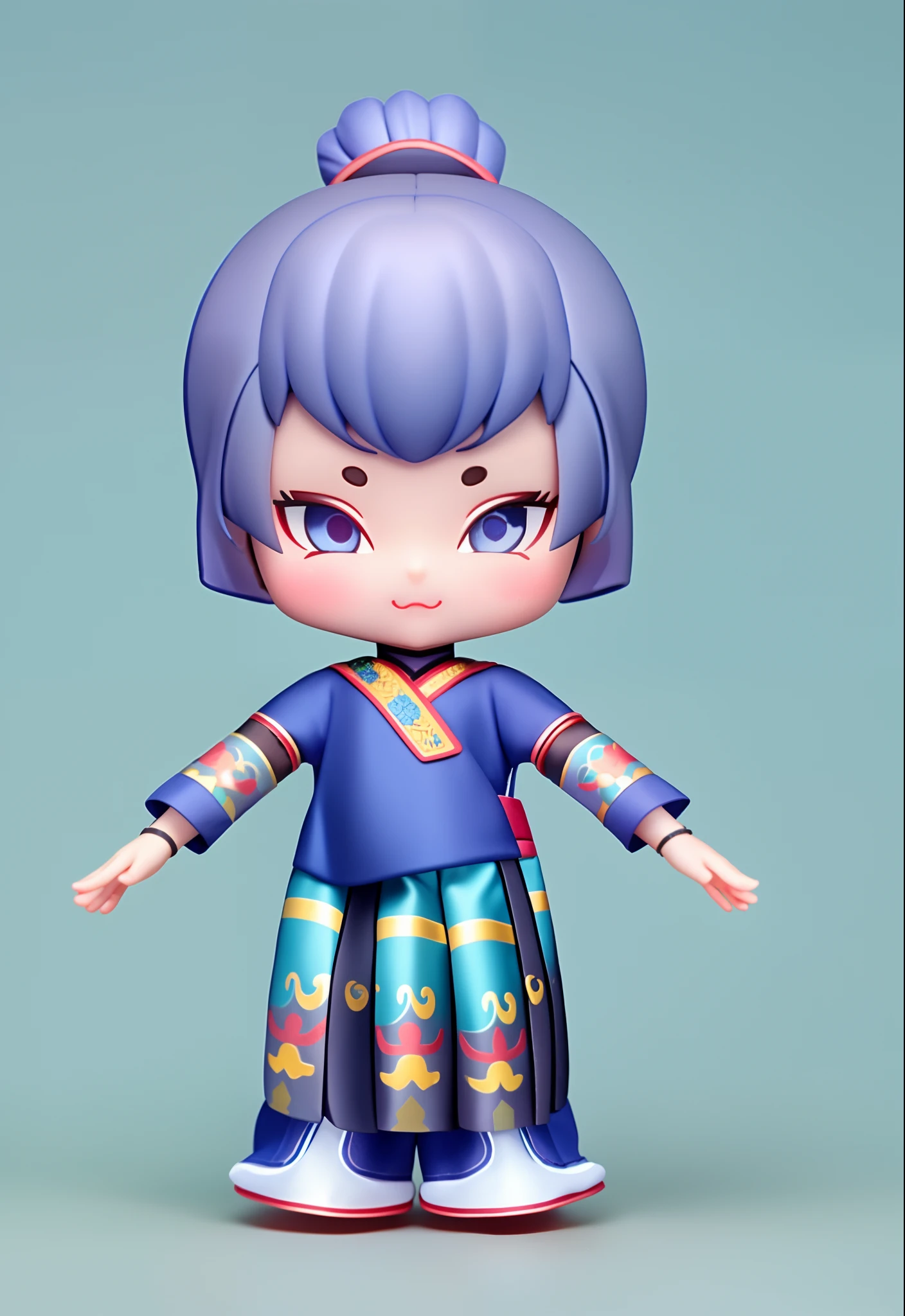 One Little Girl,Wear traditional Miao costumes,The top is blue,The gray skirt has a lot of Miao motifs on it