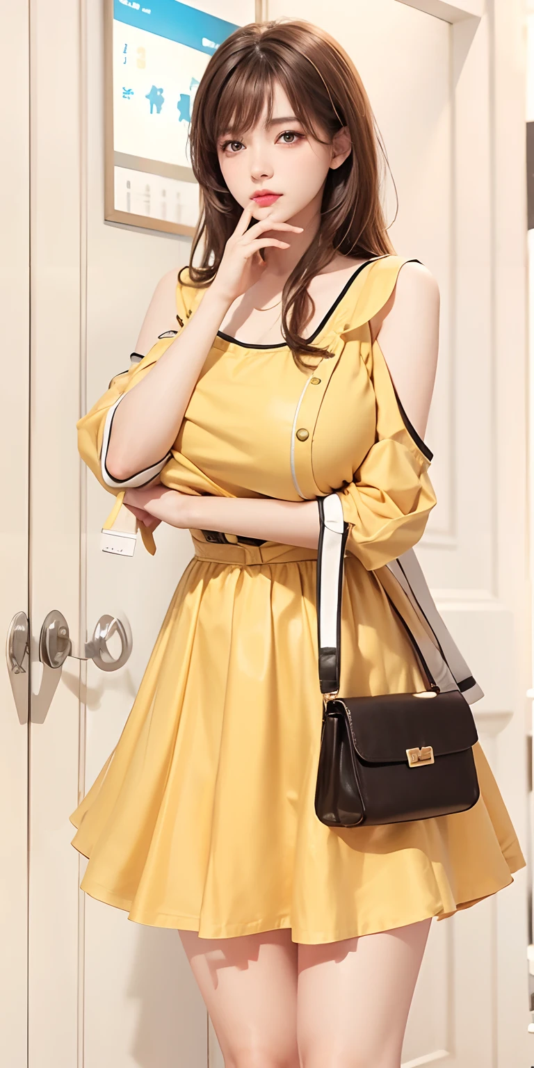 1girl,huge breast, brown hair, yellow clothes, ultra detailed, masterpiece, realistic